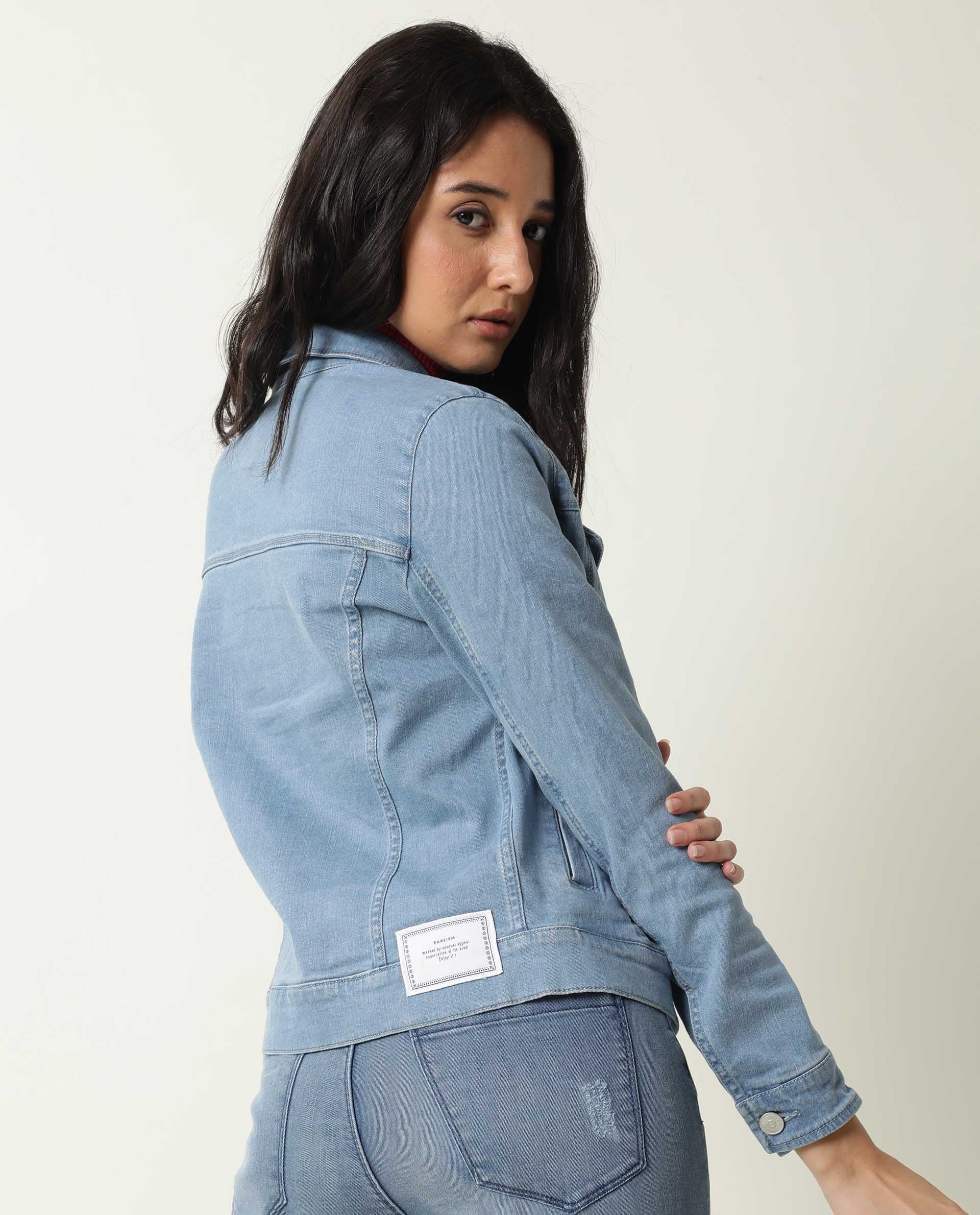 Rareism Women Misso Light Blue Cotton Lycra Fabric Full Sleeves Solid Shirt Collar Jacket