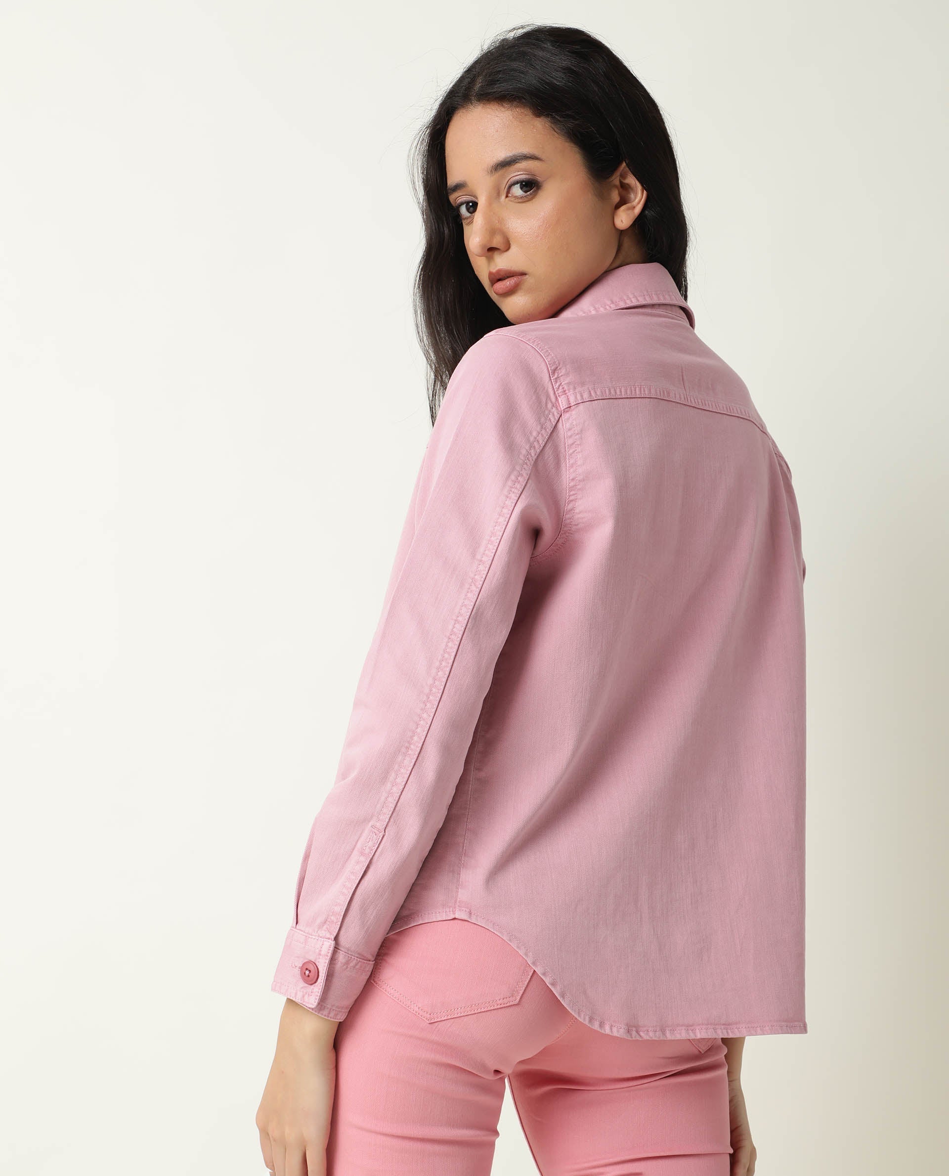 Rareism Women Mission Pink Cotton Lycra Fabric Full Sleeves Solid Shirt Collar Jacket