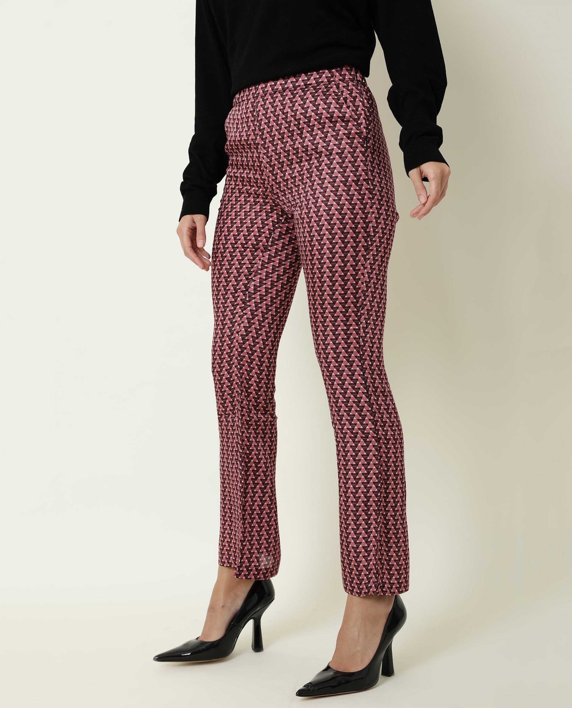 Rareism Women's Amilia Beige Viscose Geometric Print Ankle Length Bootcut Trouser
