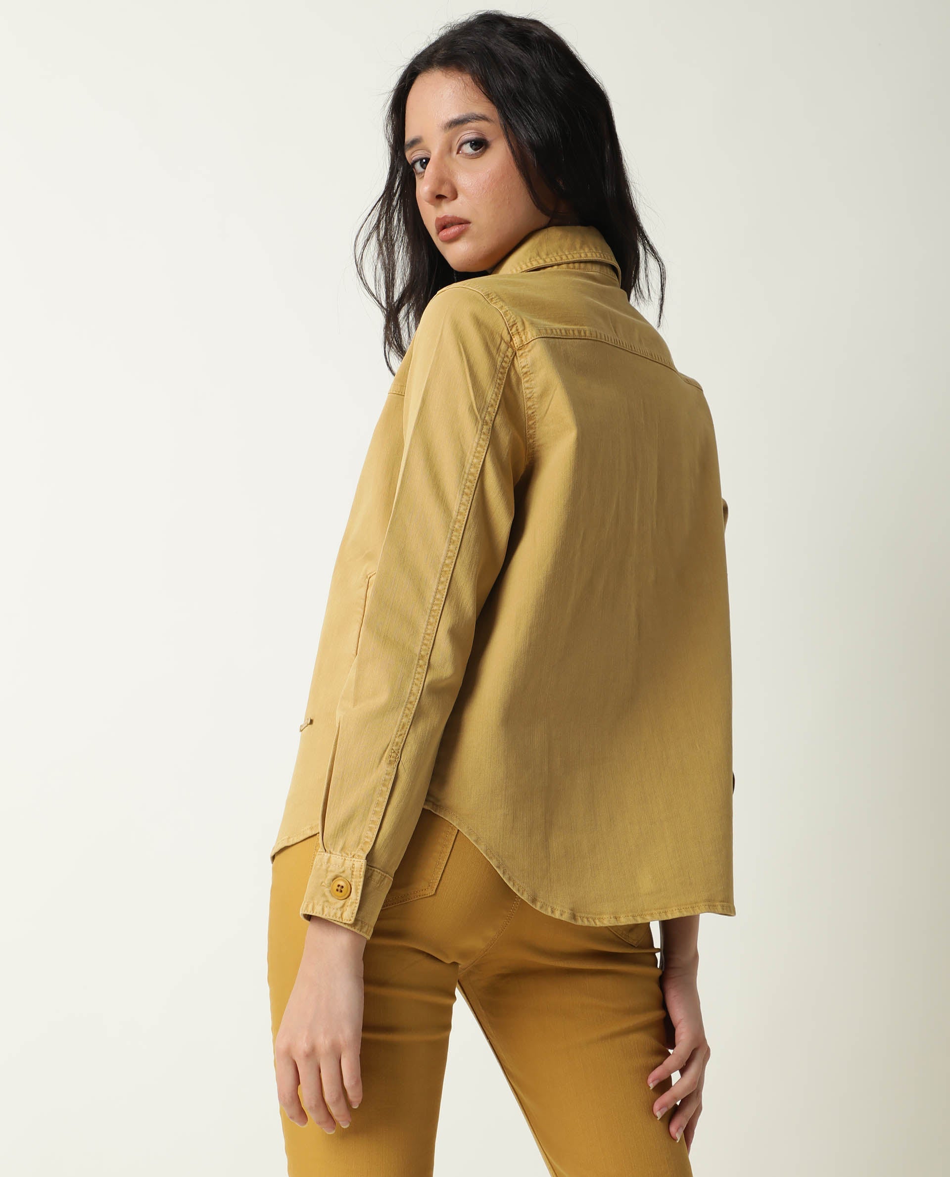 Rareism Women's Mission Mustard Cotton Blend Spread Collar Plain Regular Fit Jacket