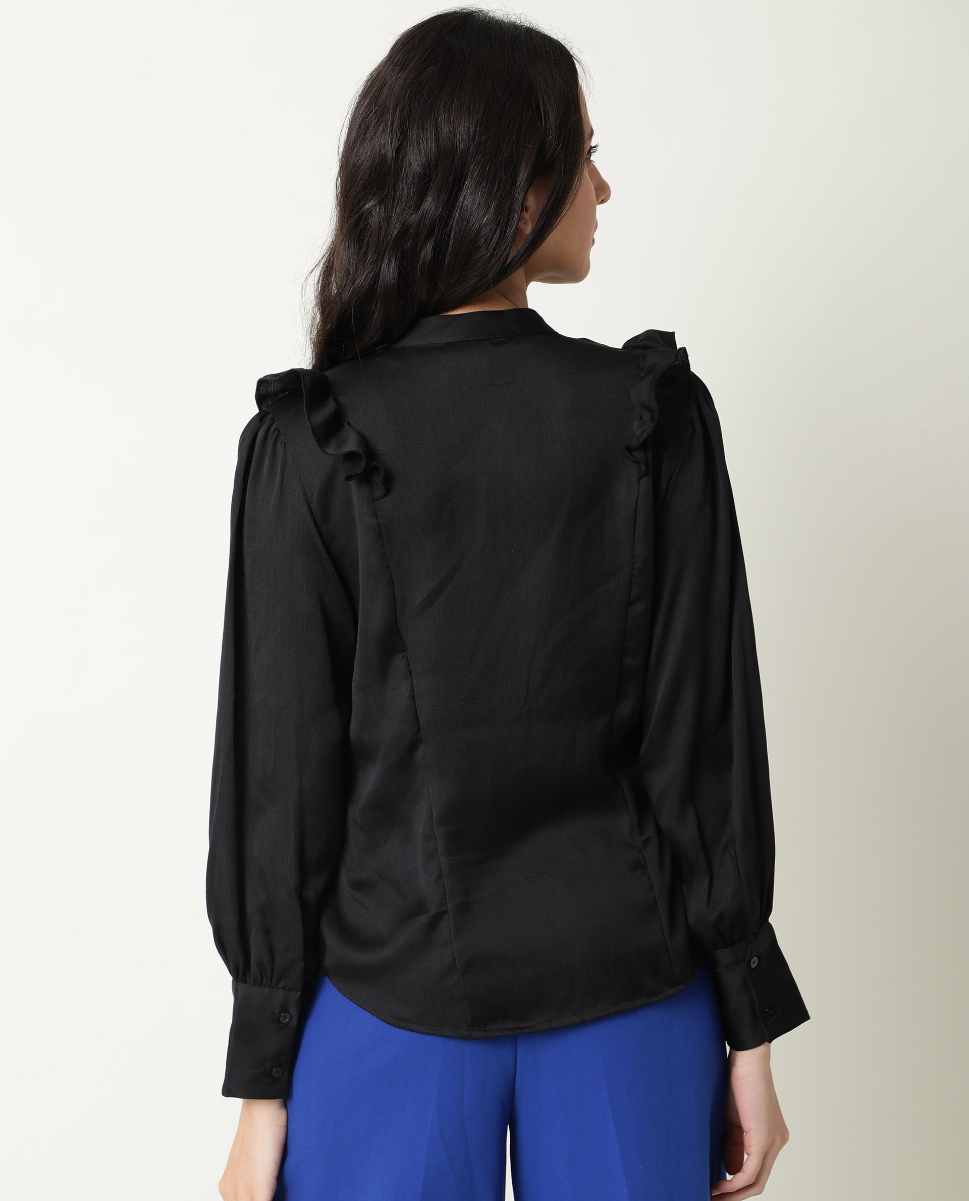 Rareism Womens Chamomile Black Top Polyester Fabric Fit Regular Sleeves Mandarin Neck
