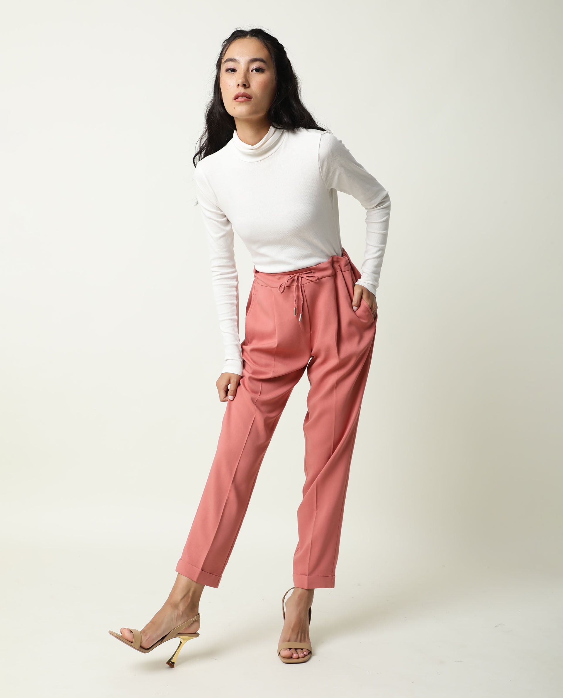 Rareism Women Jeremiah Dark Peach Poly Lycra Fabric Tailored Fit Mid Rise Solid Ankle Length Trousers