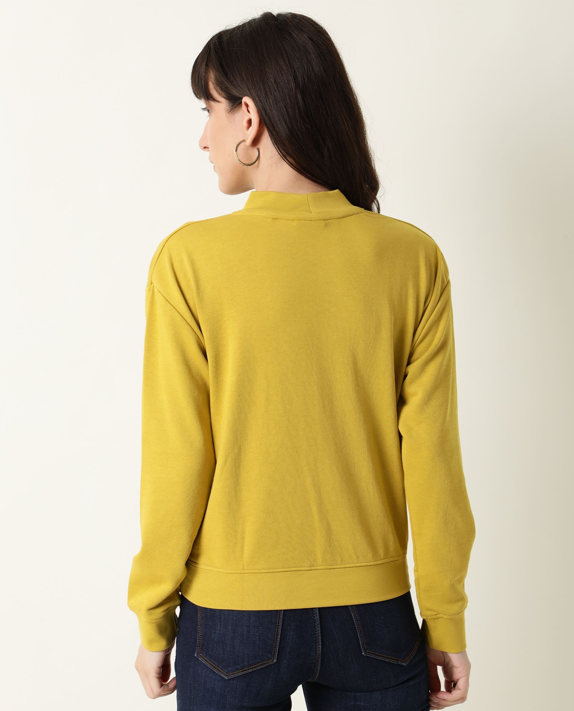 Rareism Women's Hectare Yellow Cotton Blend High Neck Plain Relaxed Fit Sweatshirt