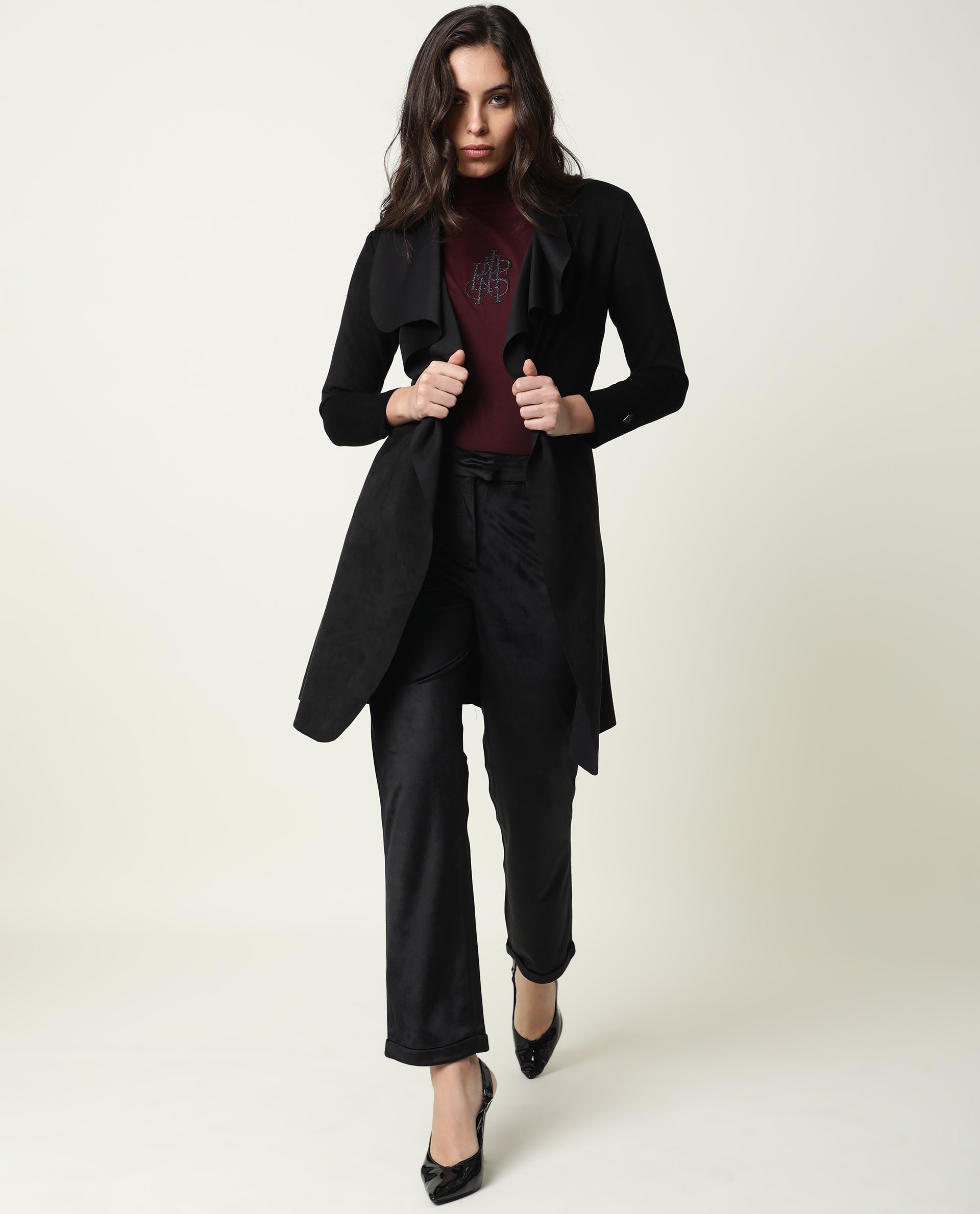 Rareism Women Palmer Black Polyester Fabric Full Sleeves Solid Collarless Jacket