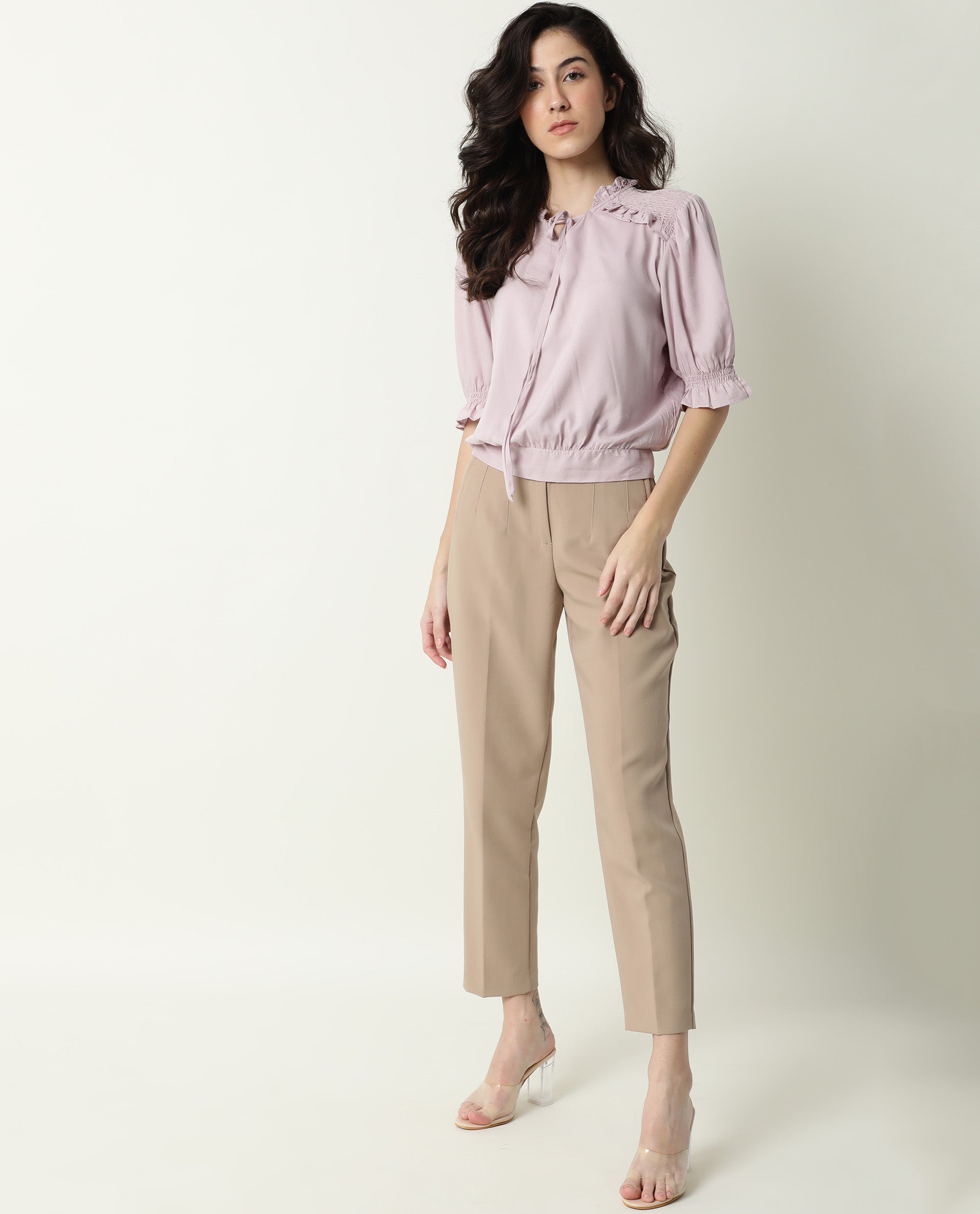 Rareism Womens Jazz Purple Top Viscose Fabric Regular Fit Puff Sleeves Tie Up Neck