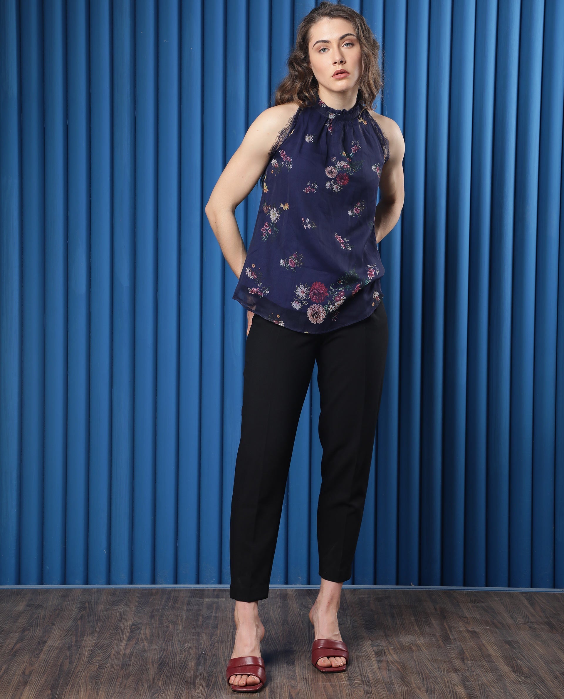Rareism Women's Delins Blue Polyester High Neck Floral Print Sleeveless Regular Fit Top