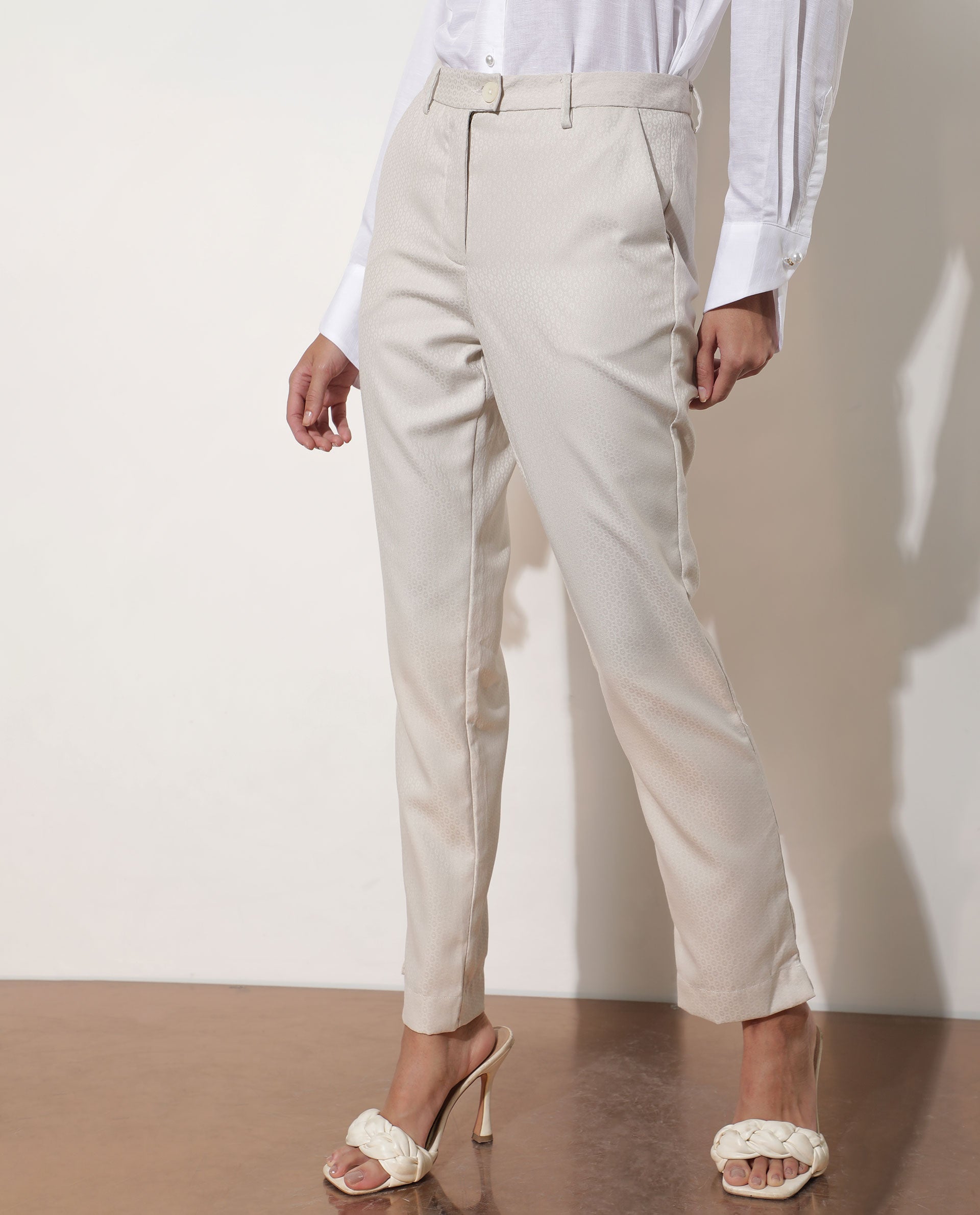 Rareism Women's Maeve Beige Polyester Blend Plain Ankle Length Tailored Trouser