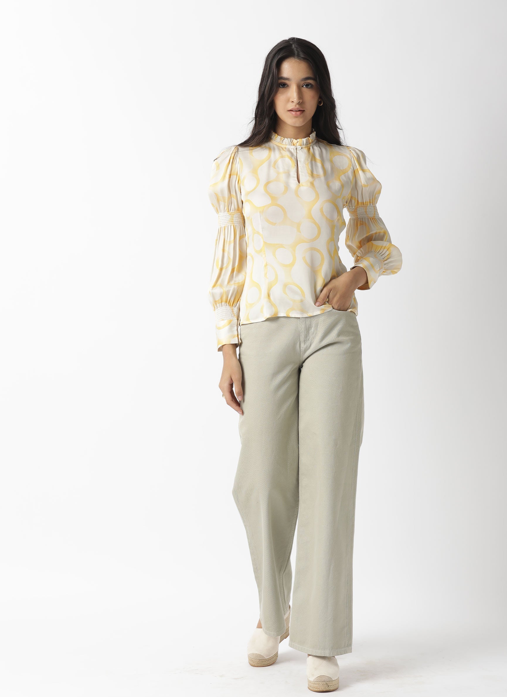 Rareism Women Emm Off White Modal Satin Fabric Slim Fit Ruffled Neck Full Sleeves Print Top