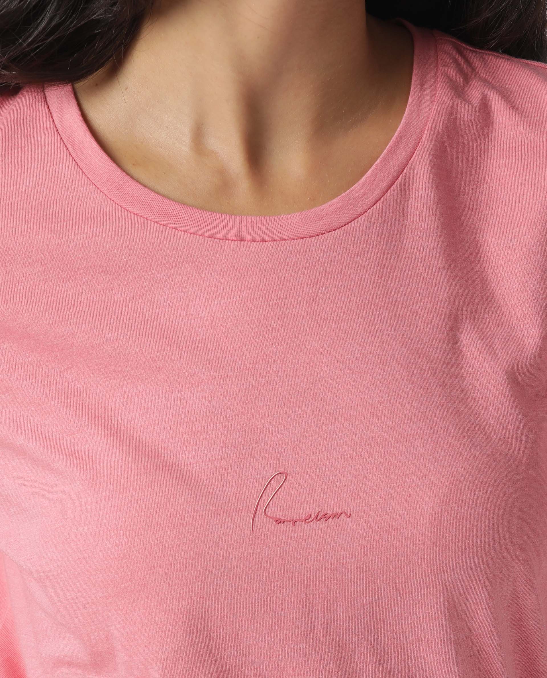 Rareism Women Nova Tee 2 Pink Cotton Fabric Regular Fit Half Sleeves Solid Round Neck T-Shirt