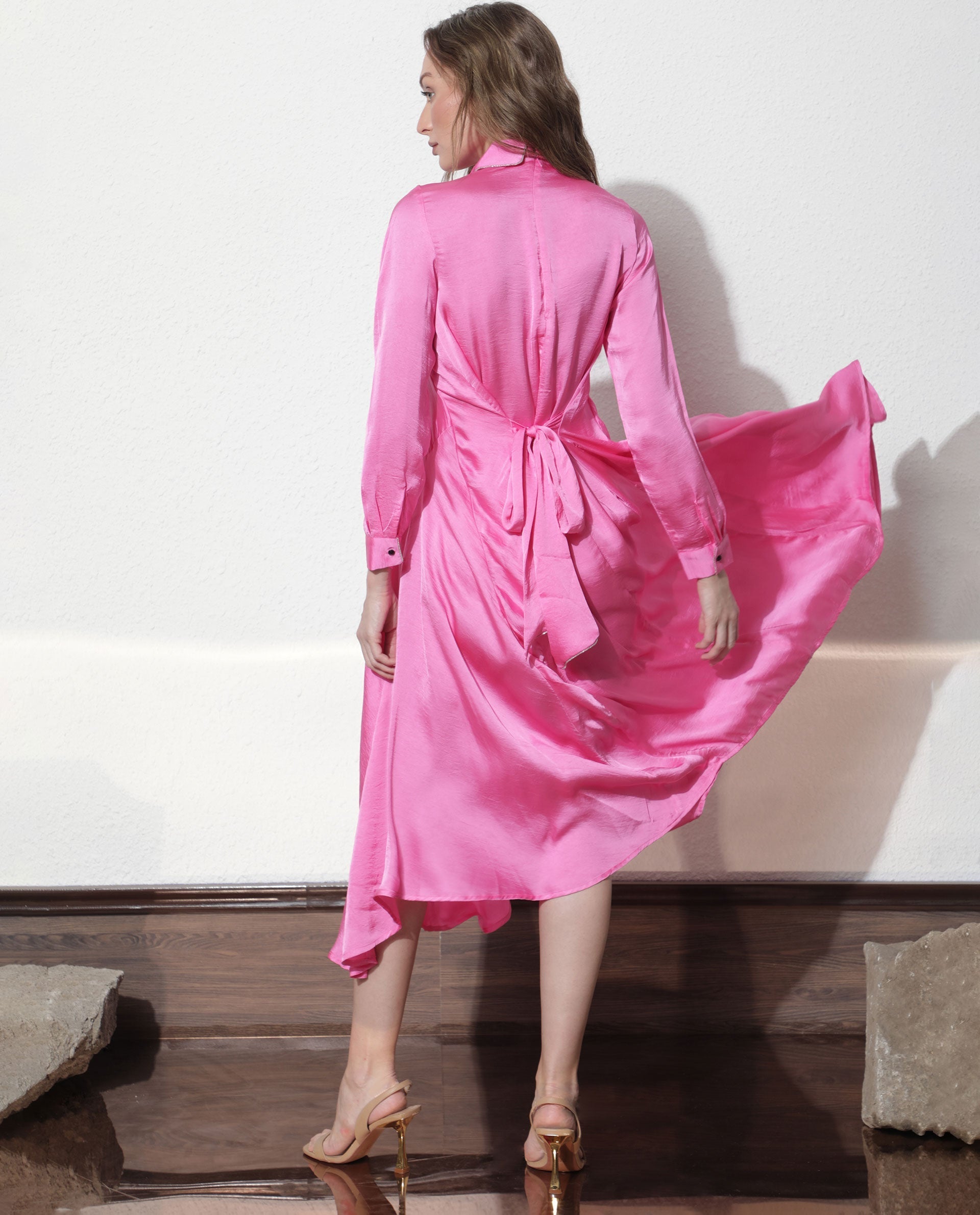Rareism Women's Galaxyy Pink Modal Spread Collar Plain Maxi Regular Fit Dress
