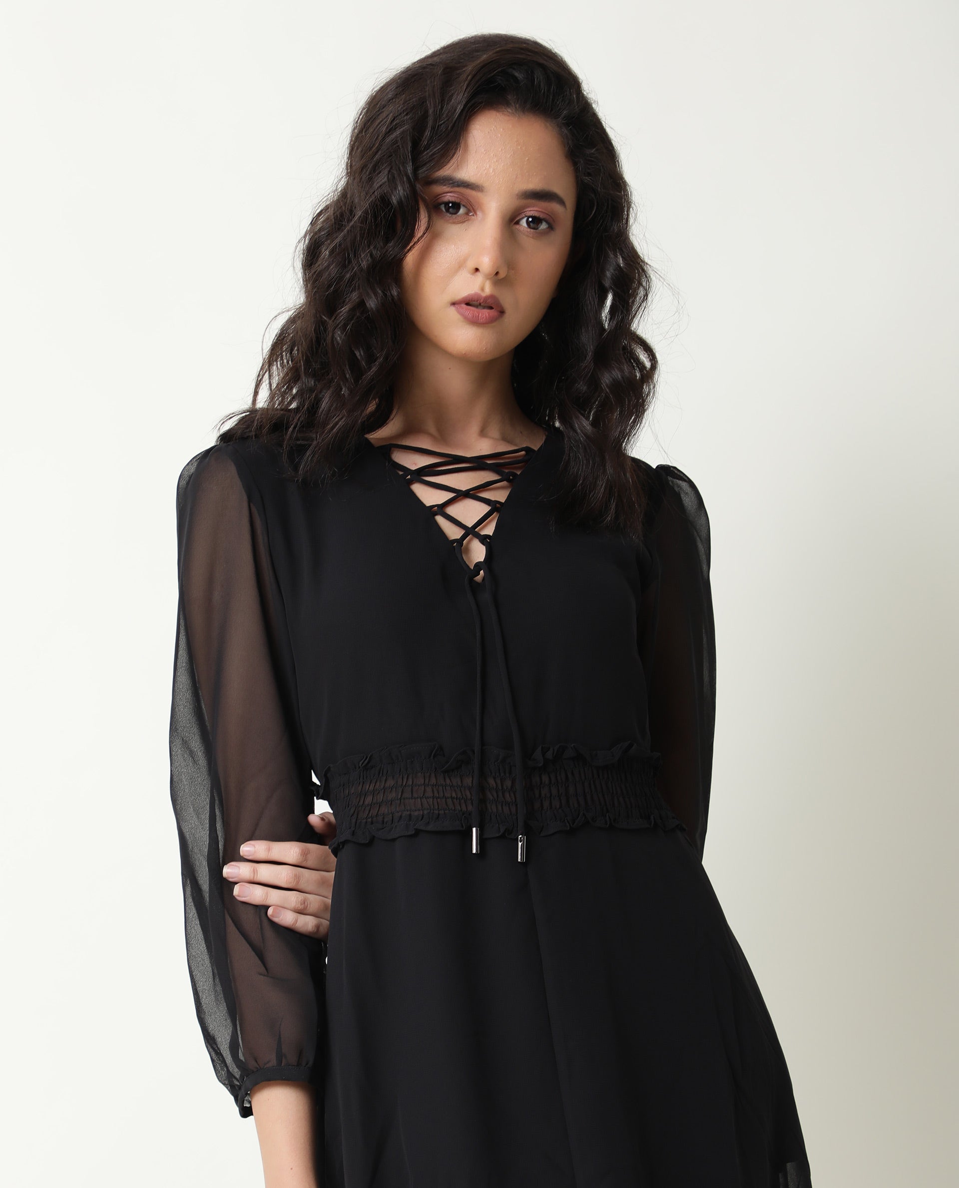 Rareism Women's Ommet Black V-Neck Plain Knee Length Regular Fit Dress