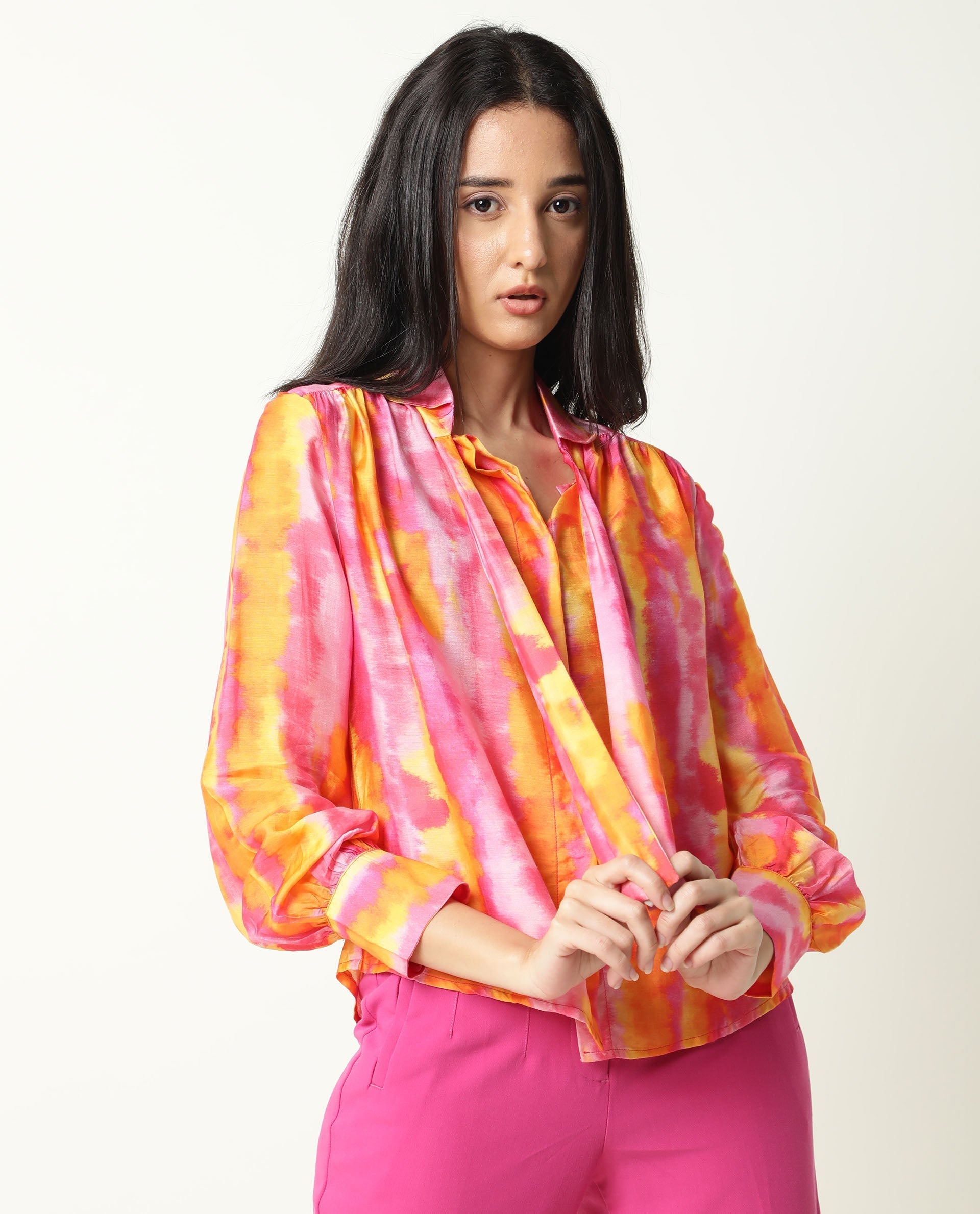 Rareism Women's Dense Pink Spread Collar Color Block Balloon Sleeve Knee Length Tailored Top