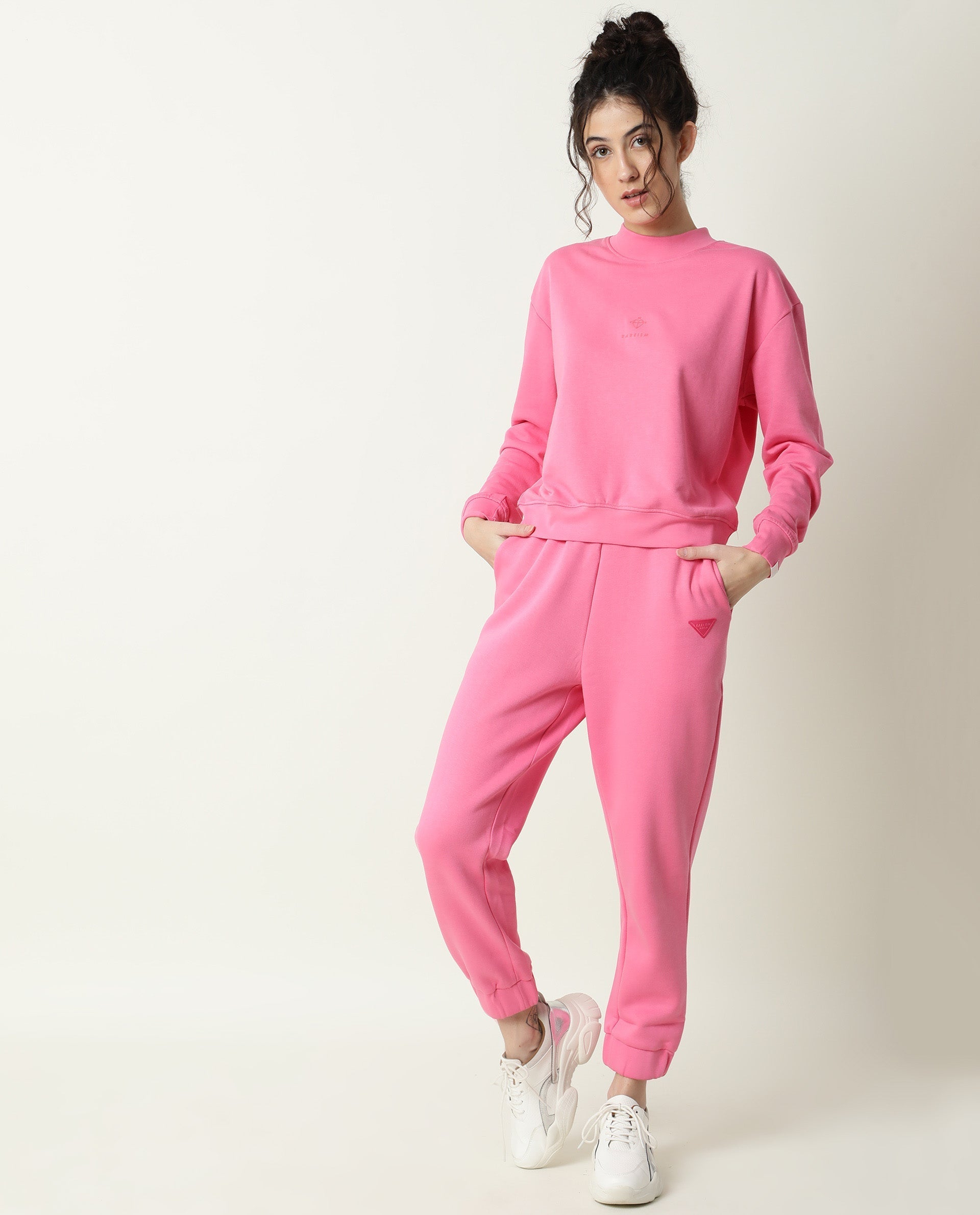 Rareism Women Necker Pink Relaxed Fit Full Sleeves Solid High Neck Sweatshirt