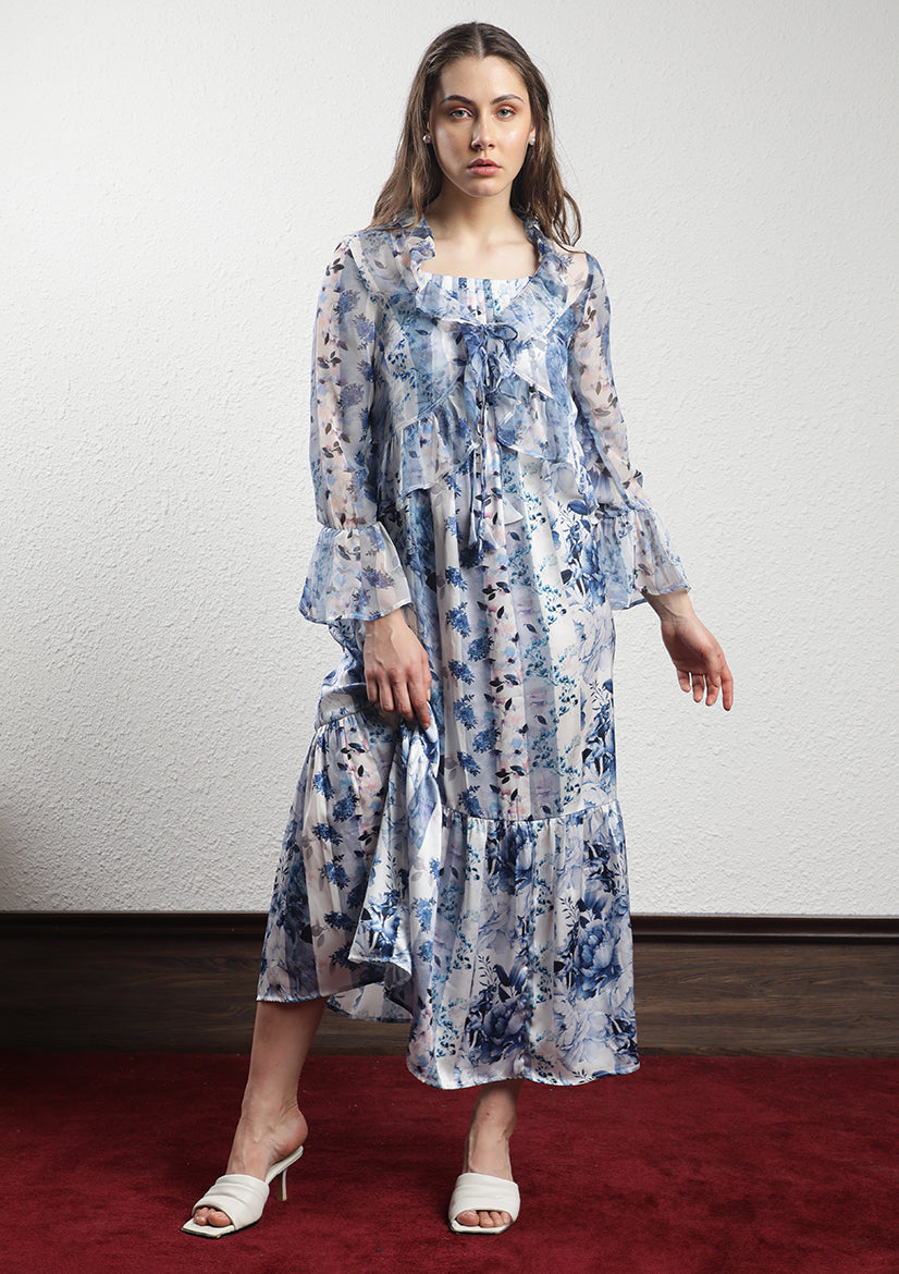 Rareism Women's Julieta Blue Polyester V-Neck Floral Print Bell Sleeve Regular Fit Shrug