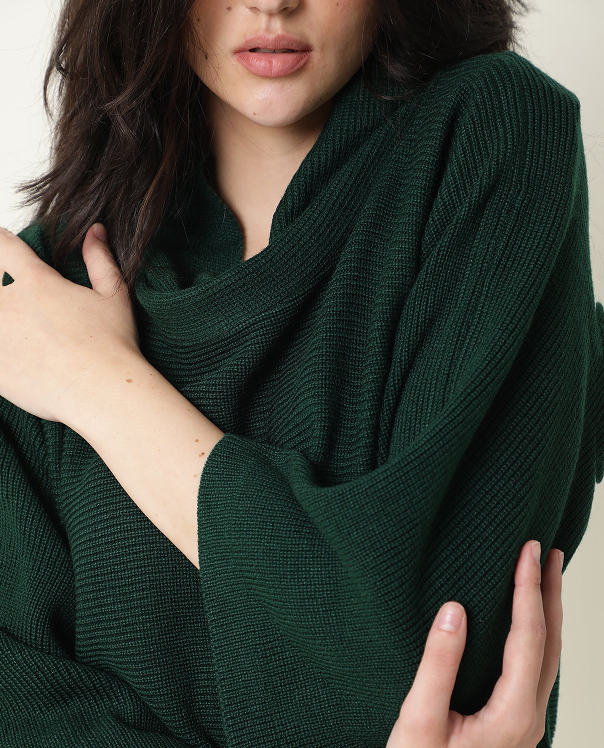 Rareism Women Sasho Green Acrylic Fabric 3/4Th Sleeves Relaxed Fit Solid Cowl Neck Sweater