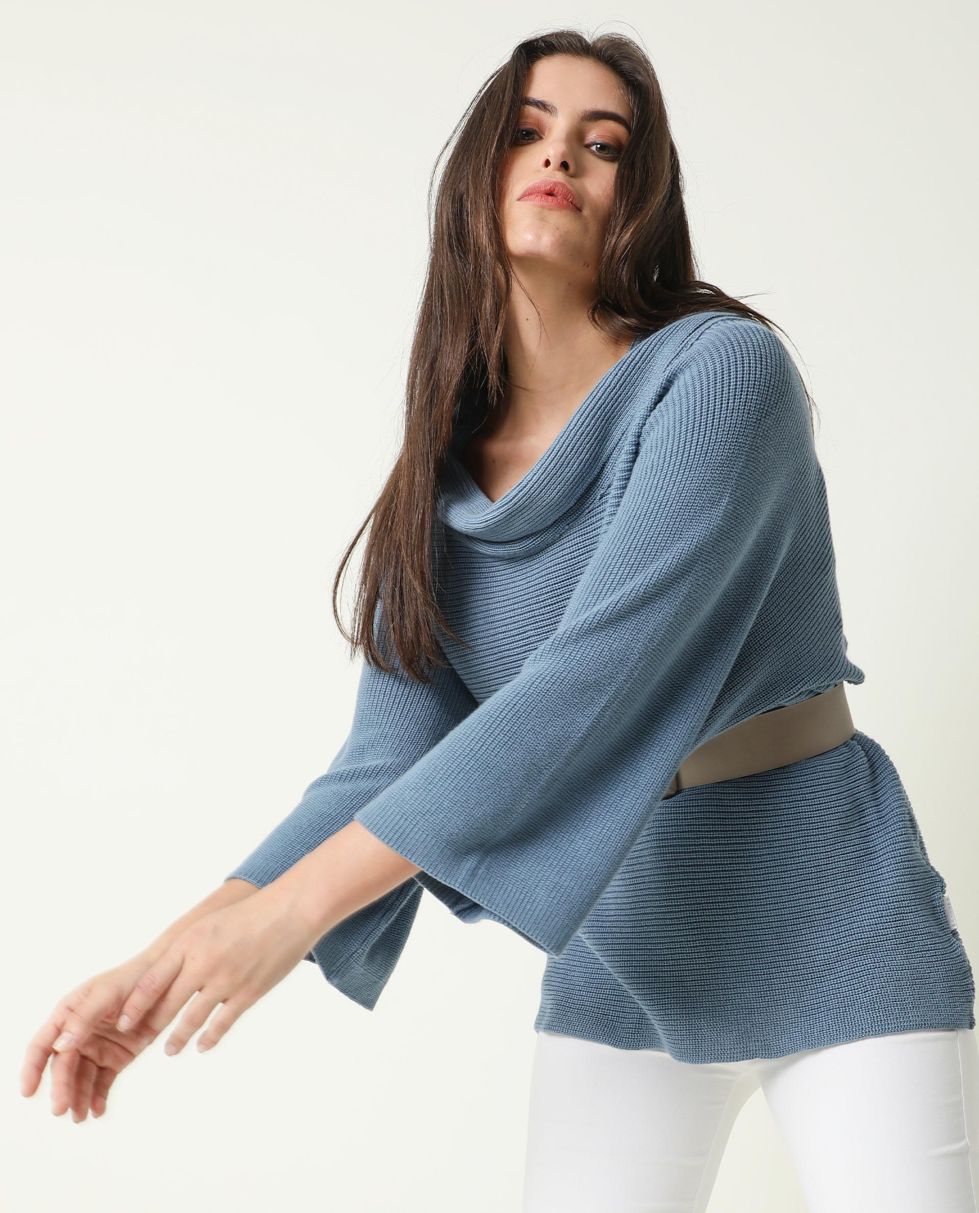 Rareism Women Cleo Blue 3/4Th Sleeves Relaxed Fit Solid Cowl Neck Sweater