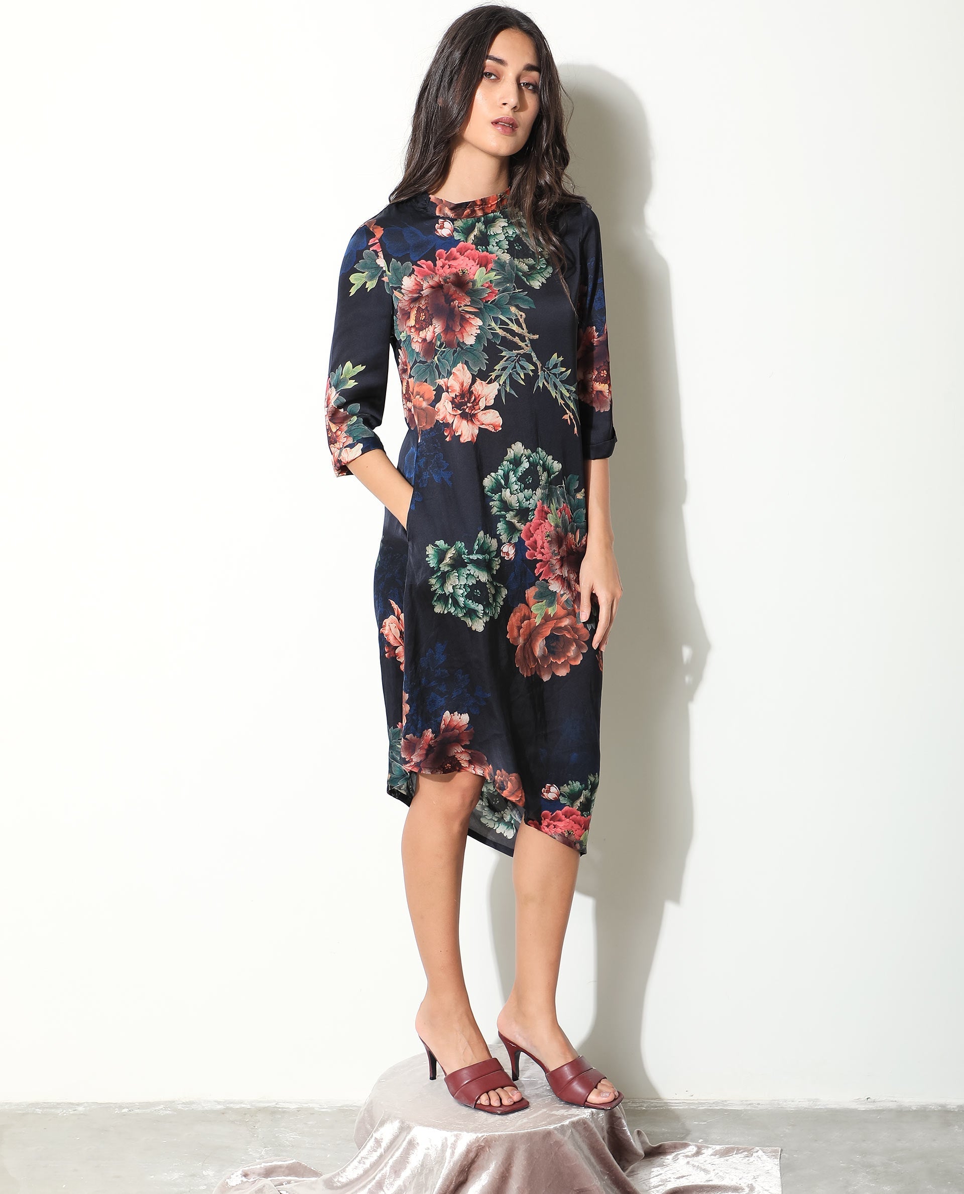 Rareism Women Astilbe Black Floral Print High Neck 3/4 Sleeves Asymmetric Knee Length Dress