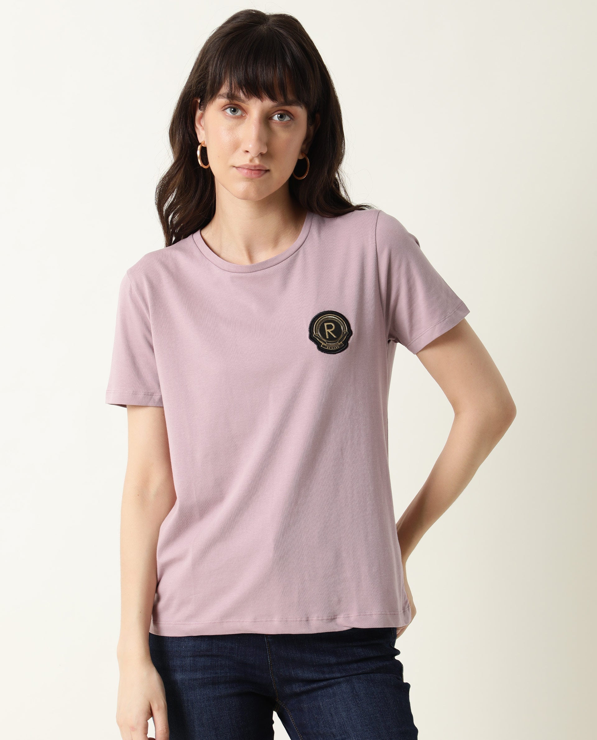 Rareism Women Fuji Pink Cotton Fabric Regular Fit Half Sleeves Graphic Print Crew Neck T-Shirt