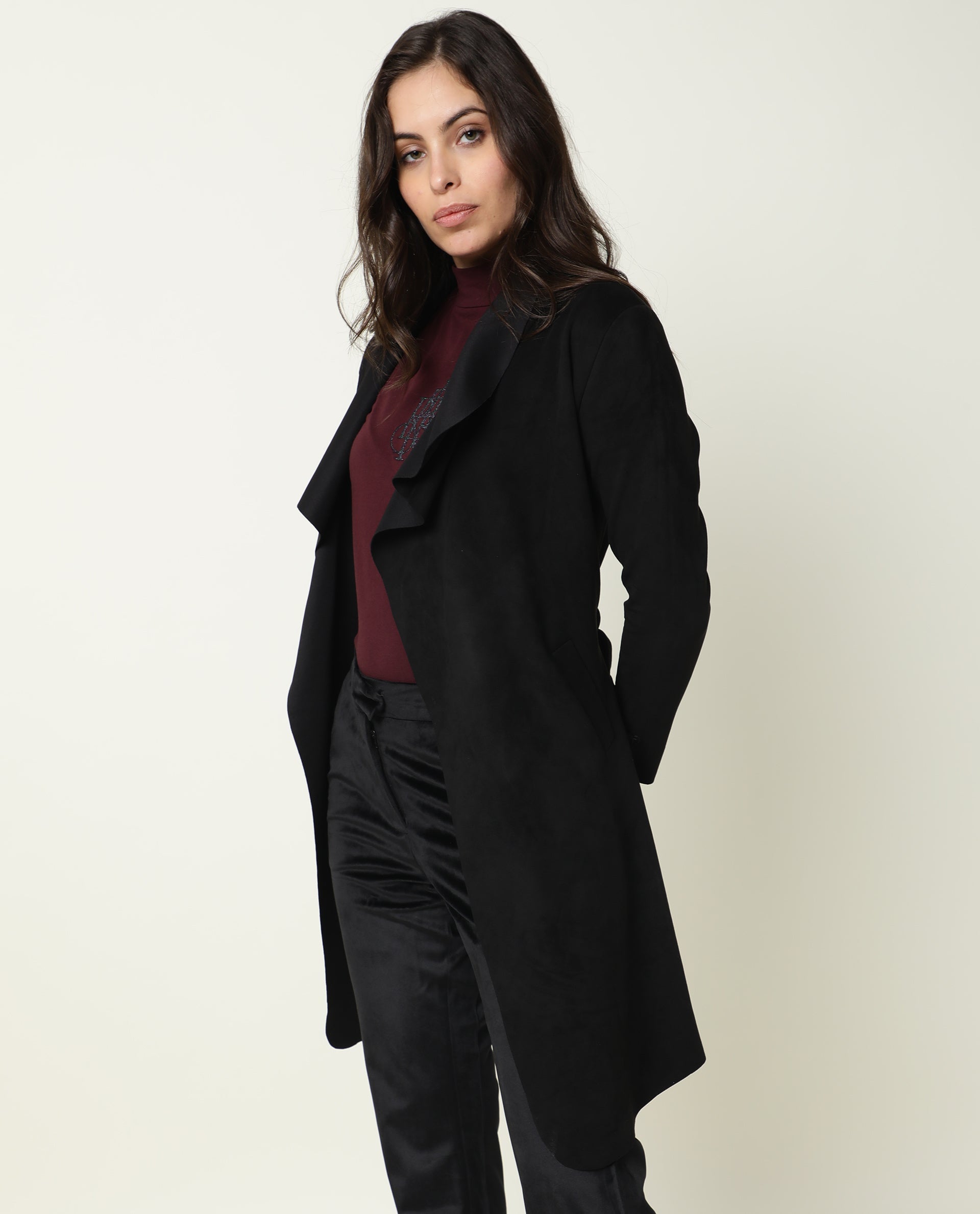 Rareism Women Palmer Black Polyester Fabric Full Sleeves Solid Collarless Jacket