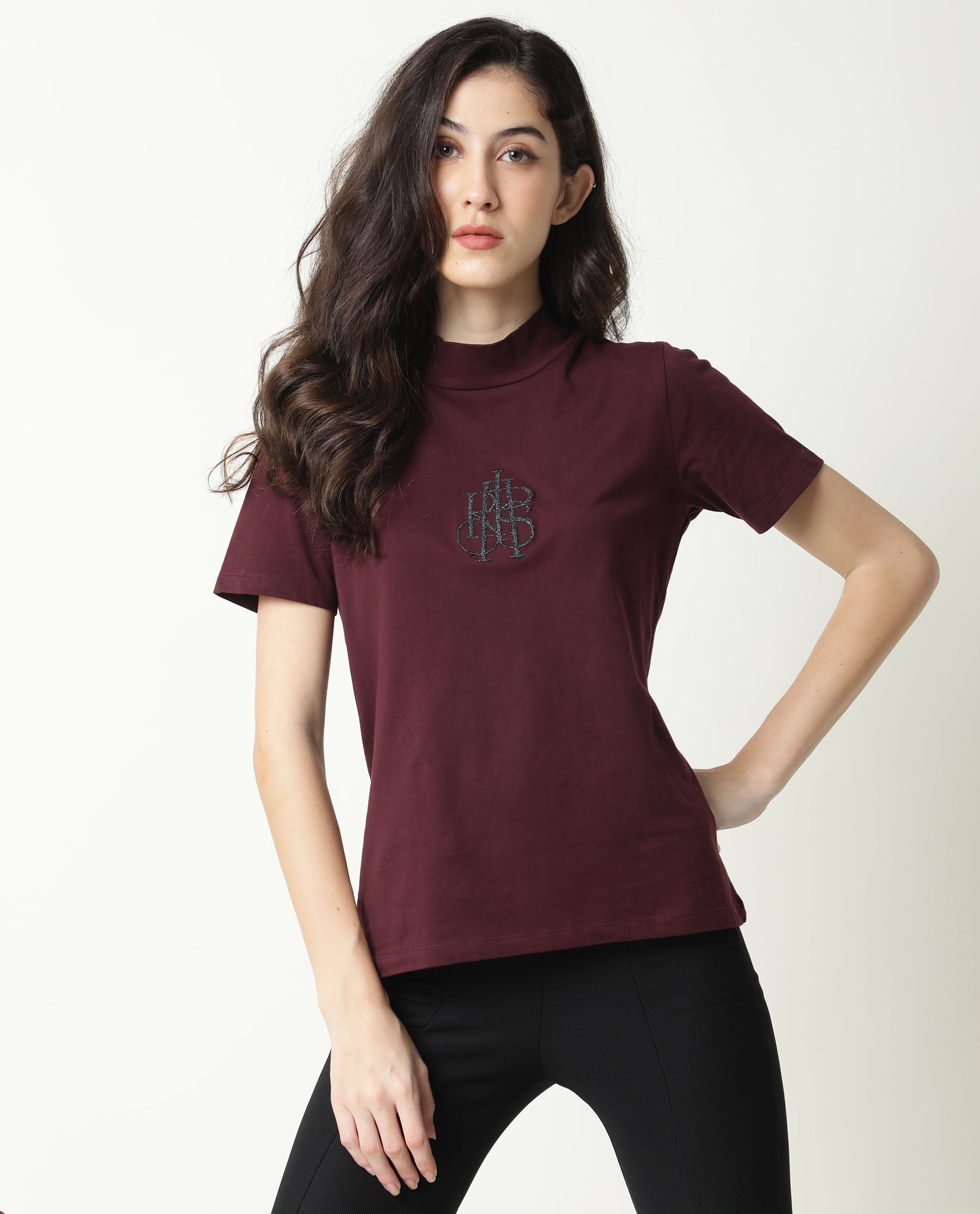 Rareism Women Zolten Maroon Cotton Fabric Regular Fit Half Sleeves Solid Crew Neck T-Shirt
