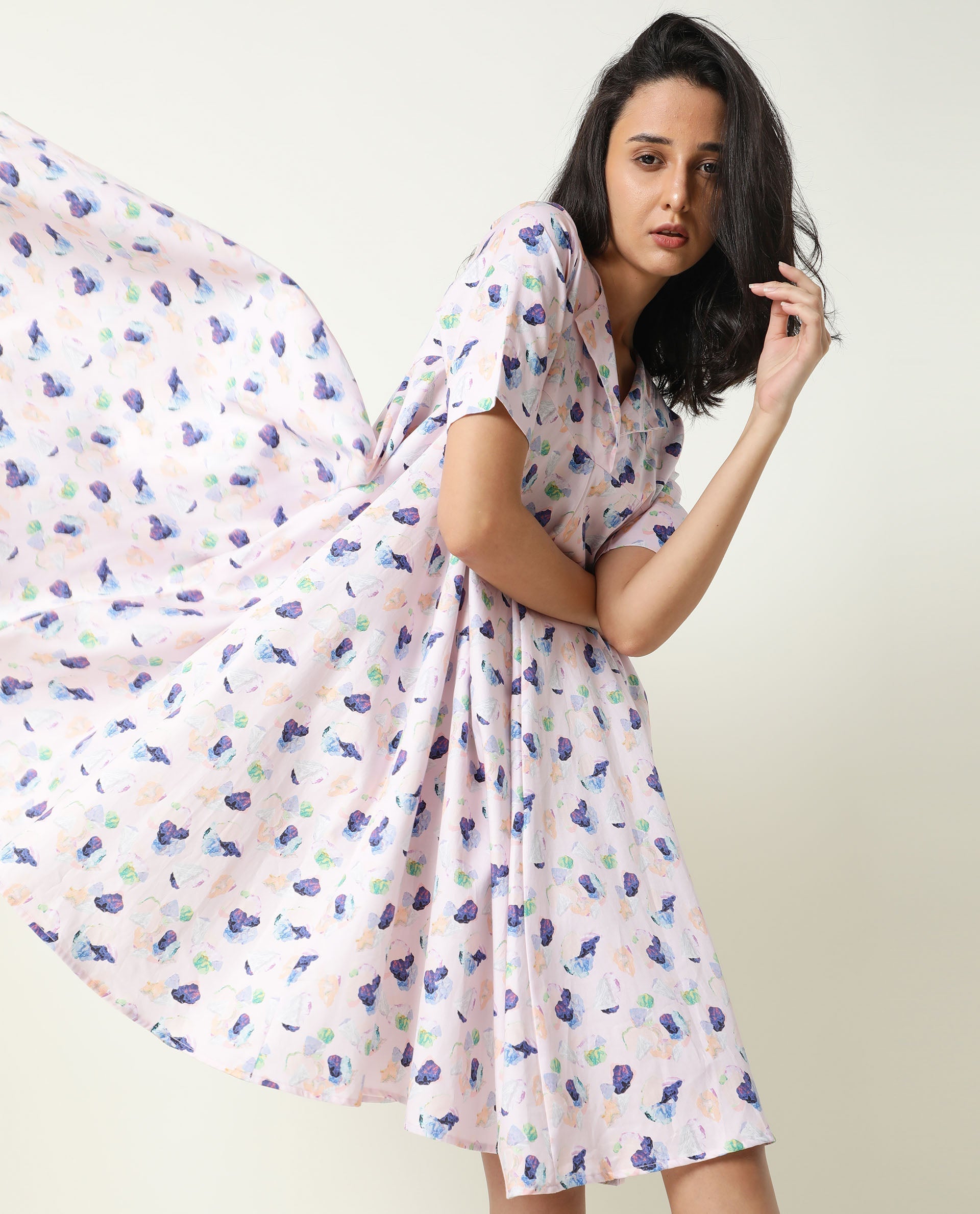 Rareism Women's Allia Pink Lapel Neck Floral Print Knee Length Regular Fit Dress