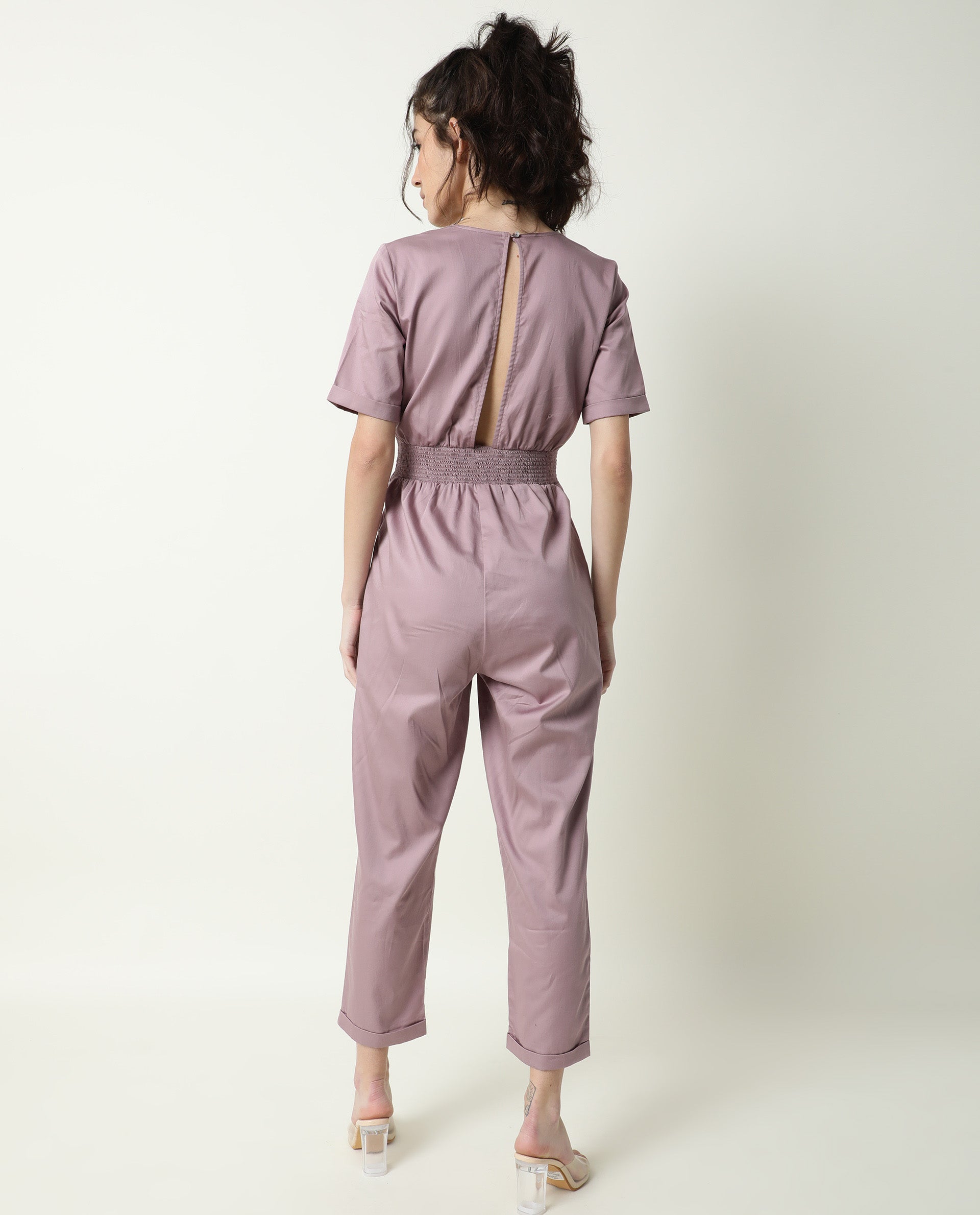 Rareism Women's Husky Pink Cotton Blend V-Neck Plain Ankle Length Regular Fit Jumpsuit