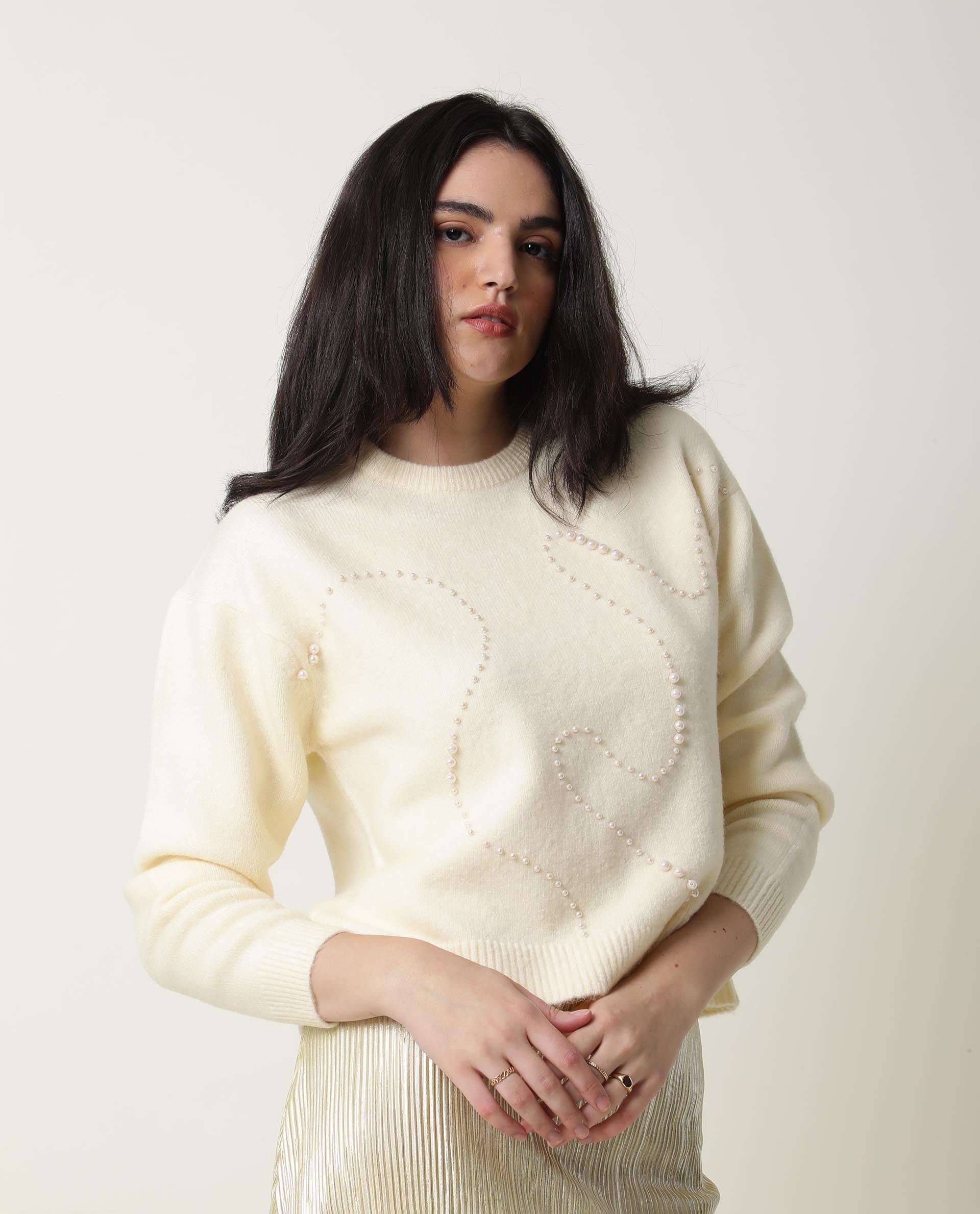 Rareism Women's Tulsy Offwhite Acrylic Crew Neck Embellished Knee Length Regular Fit Sweater