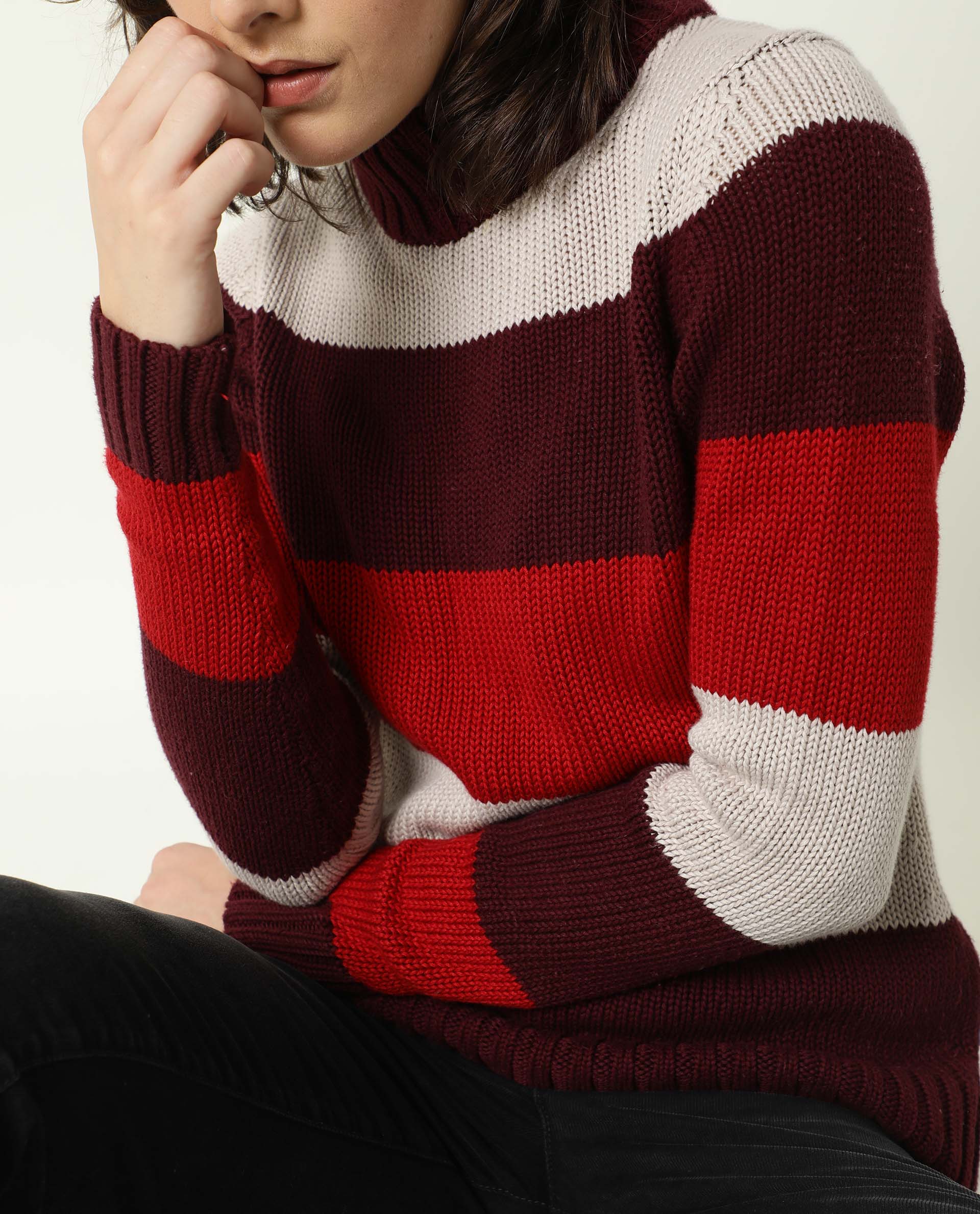 Rareism Women Tony Maroon Full Sleeves Regular Fit Color Blocked Turtle Neck Sweater