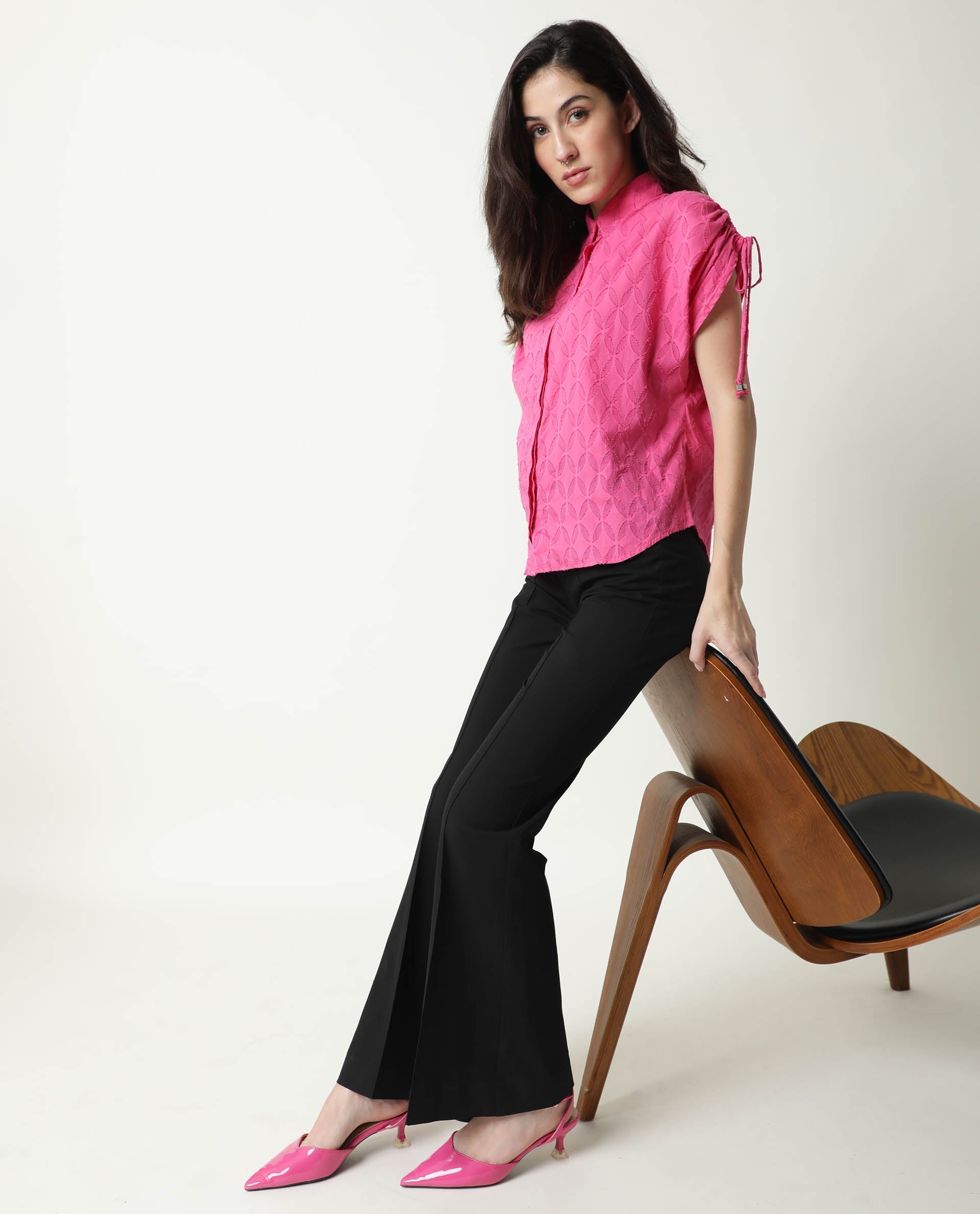 Rareism Womens Majesty Pink Top Cotton Fabric Comfortable Fit Half Sleeve Collared Neck