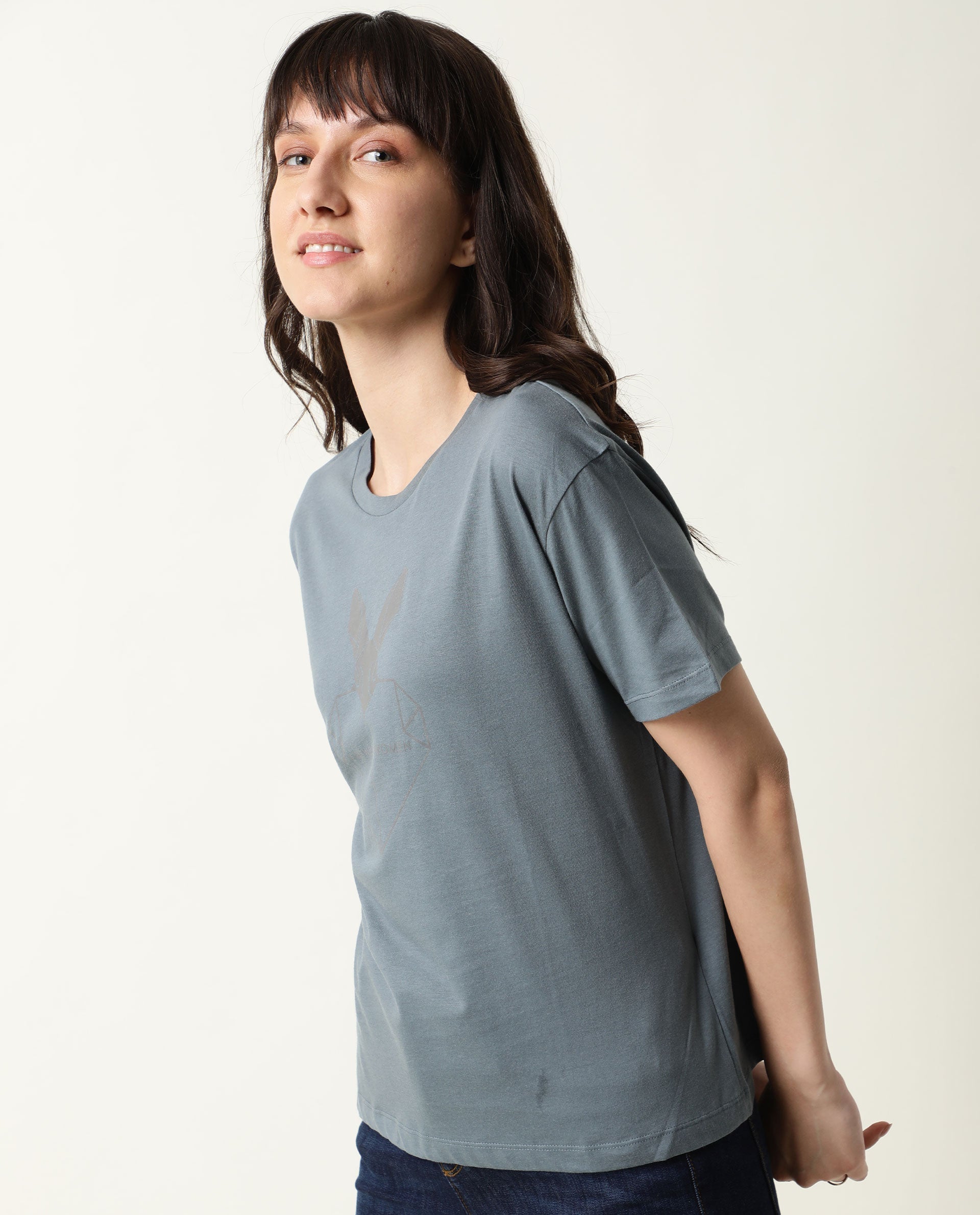 Rareism Women Love Grey Cotton Fabric Regular Fit Half Sleeves Graphic Print Crew Neck T-Shirt