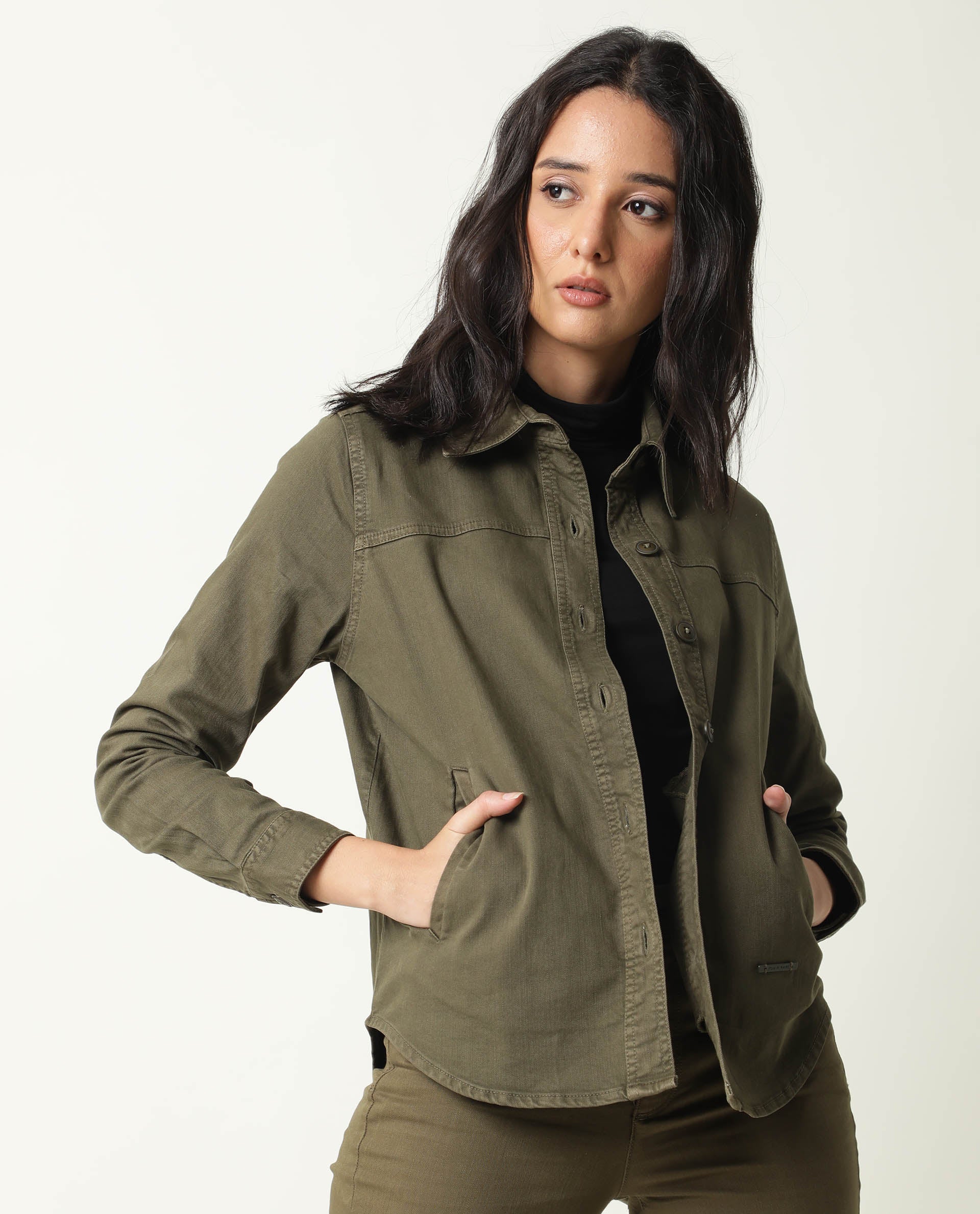 Rareism Women Mission Green Cotton Lycra Fabric Full Sleeves Solid Shirt Collar Jacket
