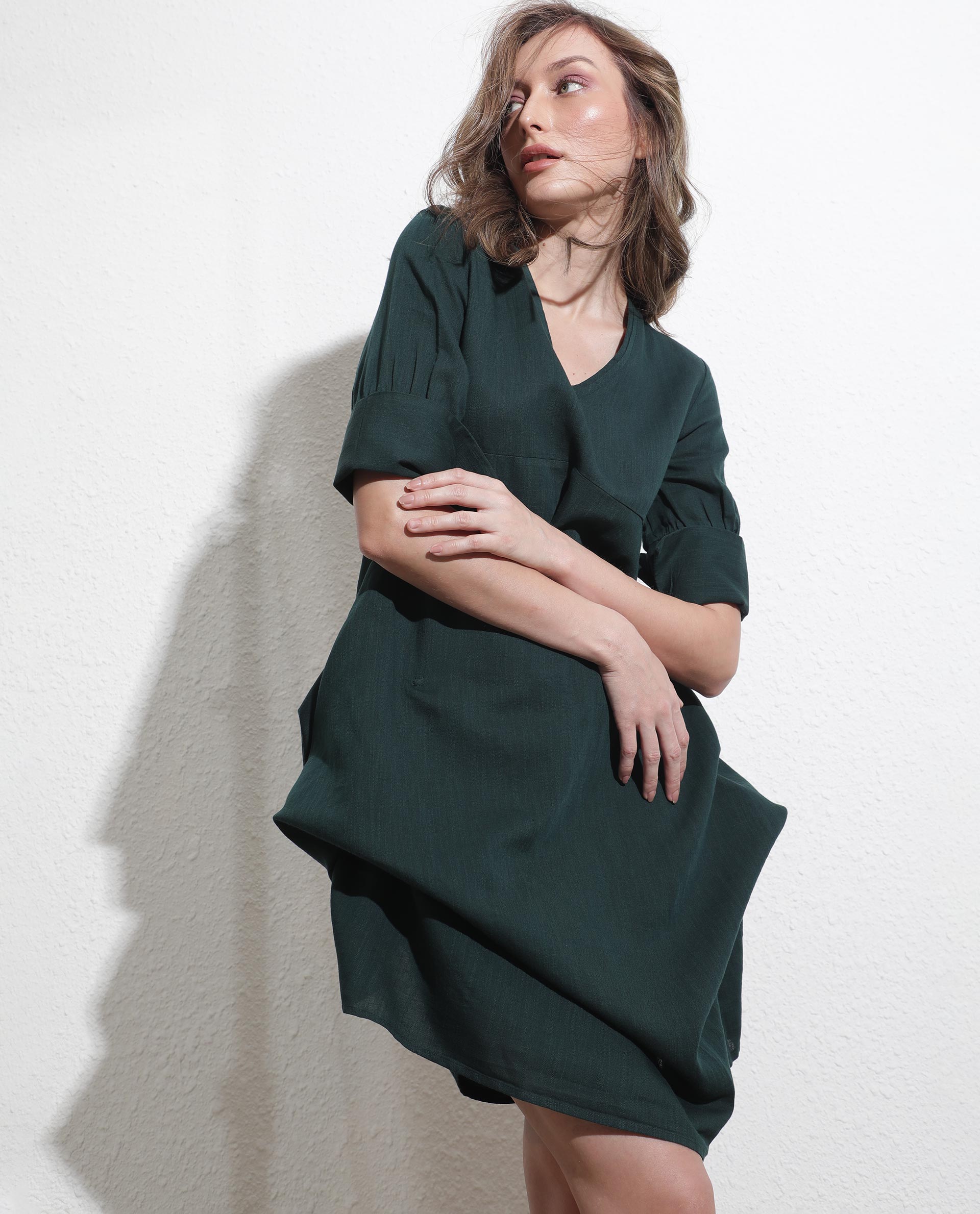 Rareism Women Cherry Green V Neck Tie-Up 3/4 Sleeves Symmetrical Knee Length Dress