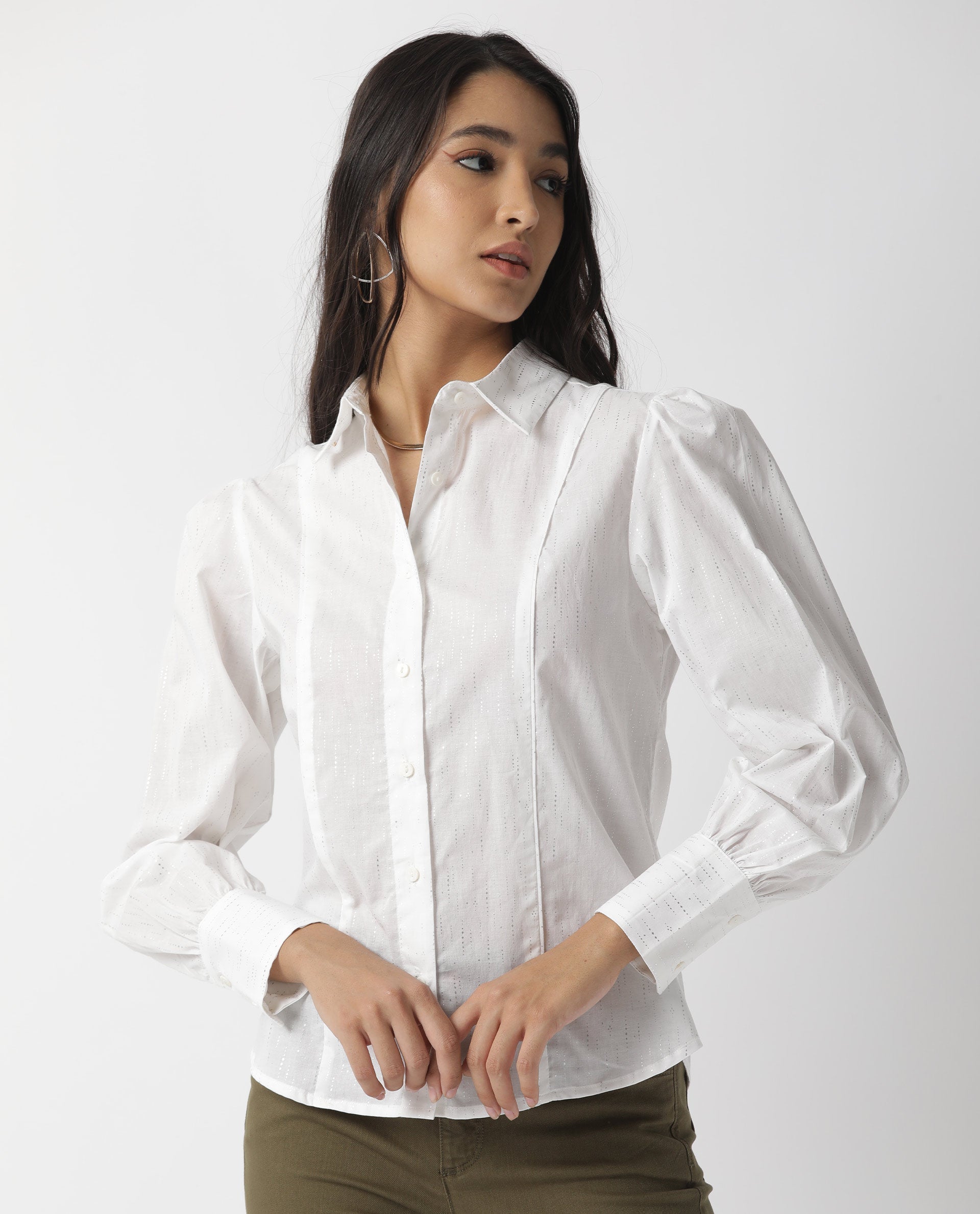 Rareism Women's Camelo White Cotton Spread Collar Plain Regular Fit Top