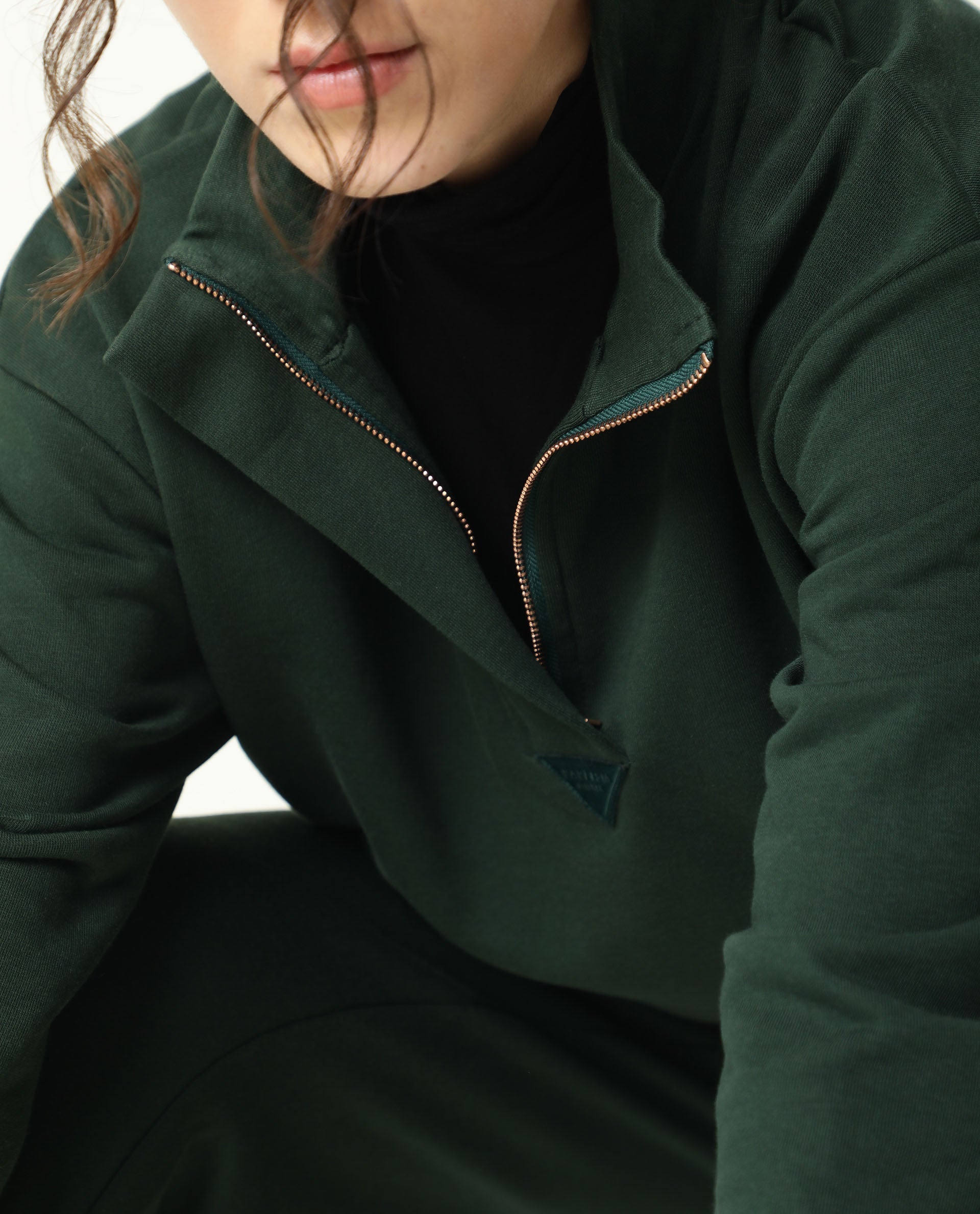 Rareism Women Taffy-1 Green Relaxed Fit Full Sleeves Solid High Neck Sweatshirt