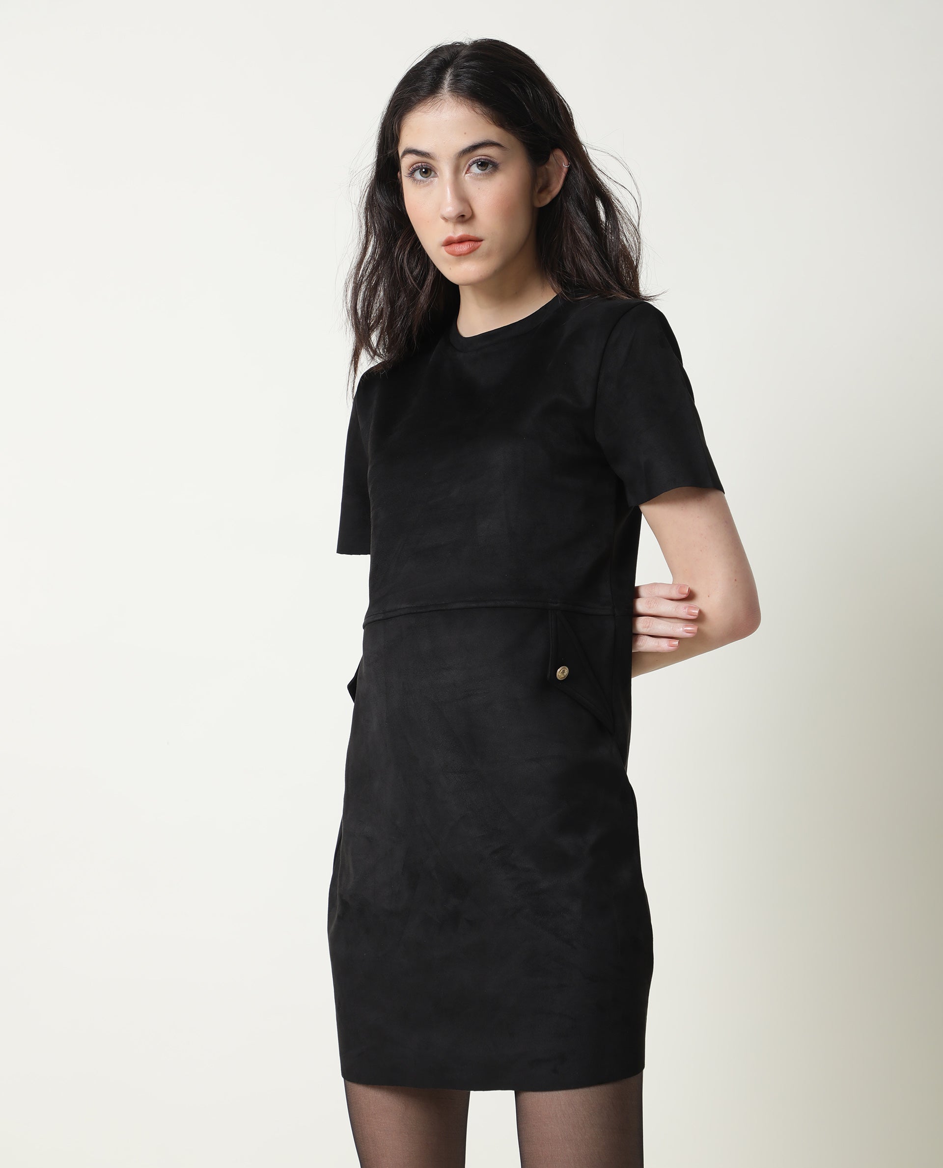 Rareism Women's Sions Black Crew Neck Plain Knee Length Tailored Dress