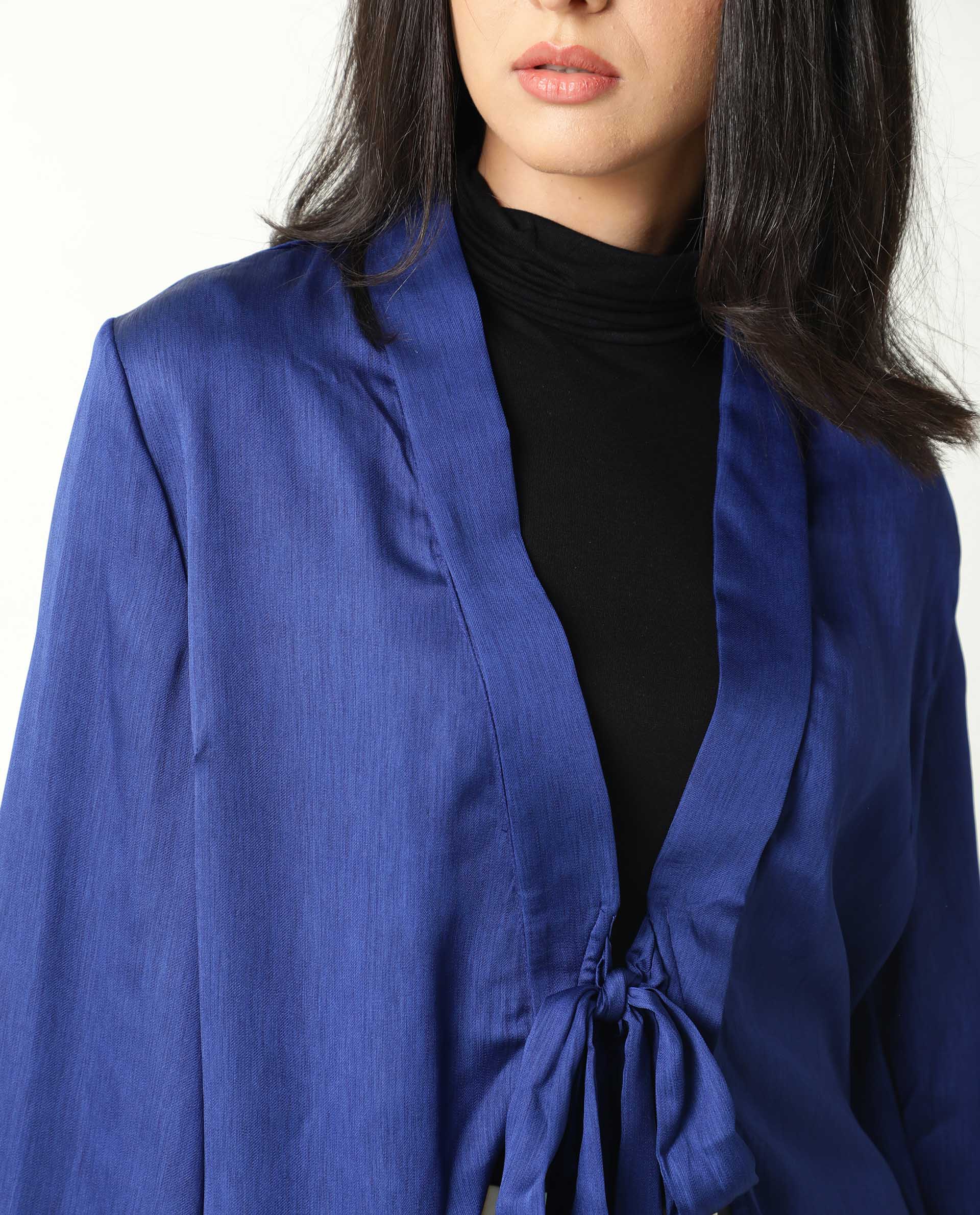 Rareism Women's Cuff Blue Polyester Shawl Neck Regular Fit Outer Wear