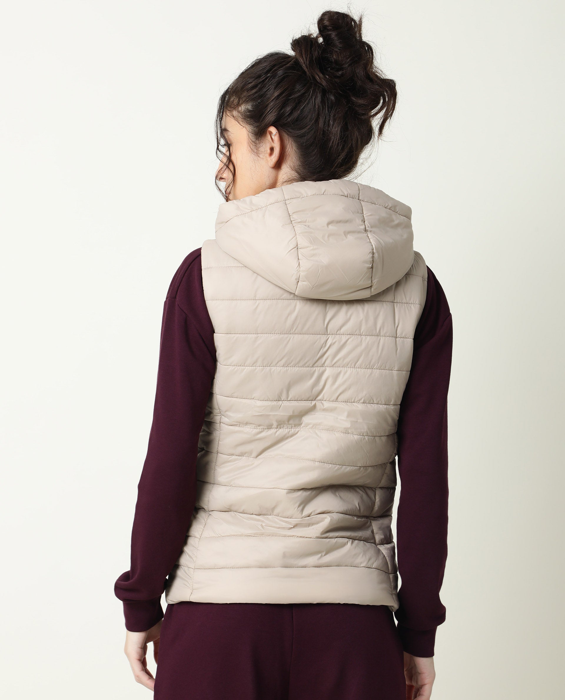 Rareism Women Troop Beige Sleeveless Solid Hooded Jacket