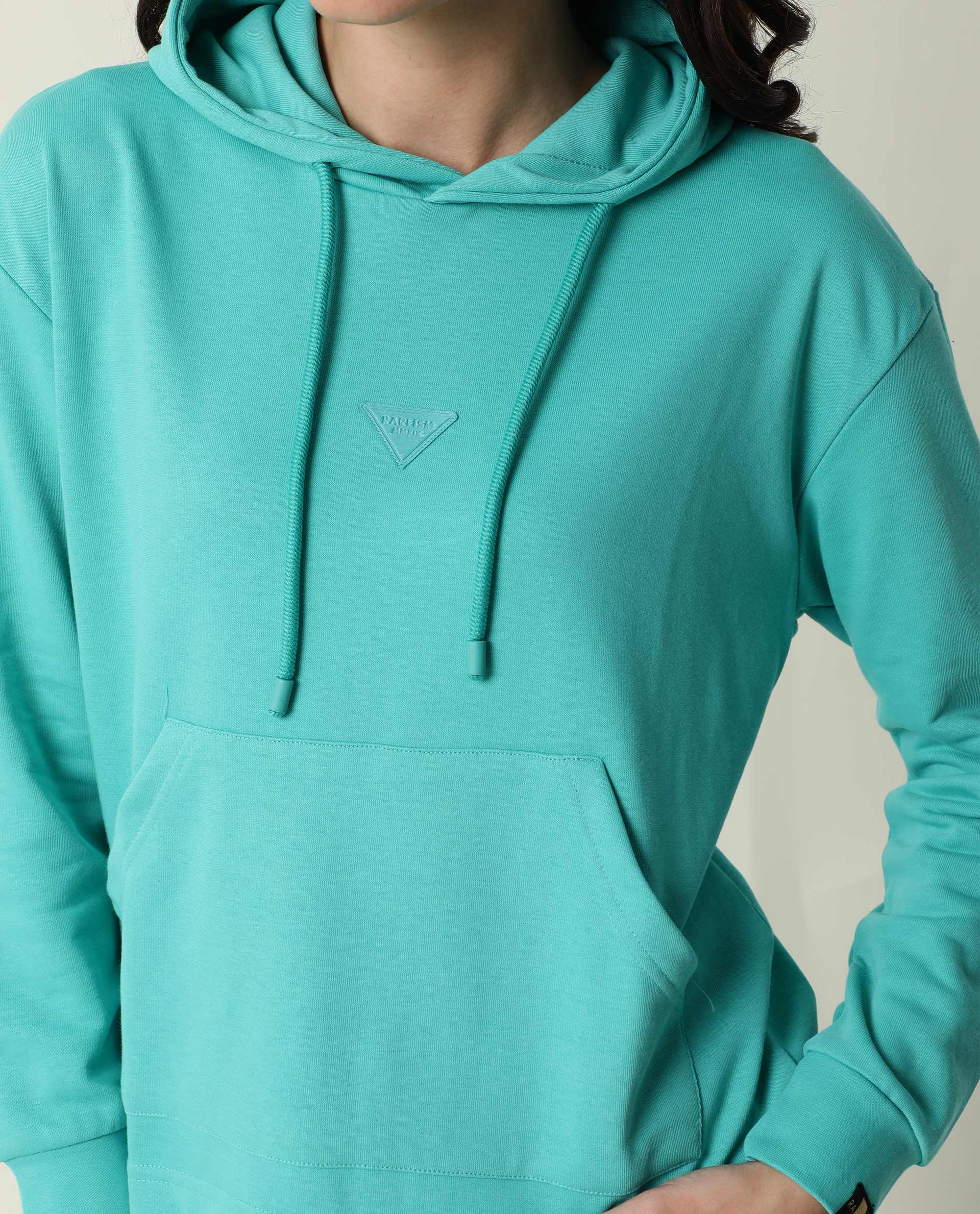 Rareism Women's Wally-1 Turq Cotton Blend Hooded Plain Relaxed Fit Sweatshirt