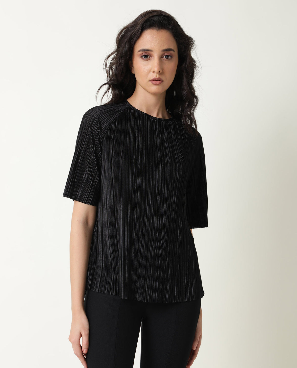 Rareism Women Shory Black Top Polyester Fabric Full Sleeves Solid