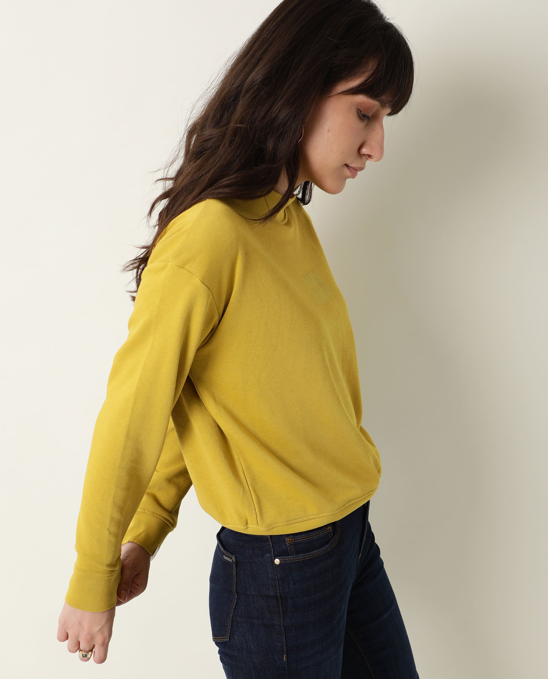 Rareism Women's Hectare Yellow Cotton Blend High Neck Plain Relaxed Fit Sweatshirt