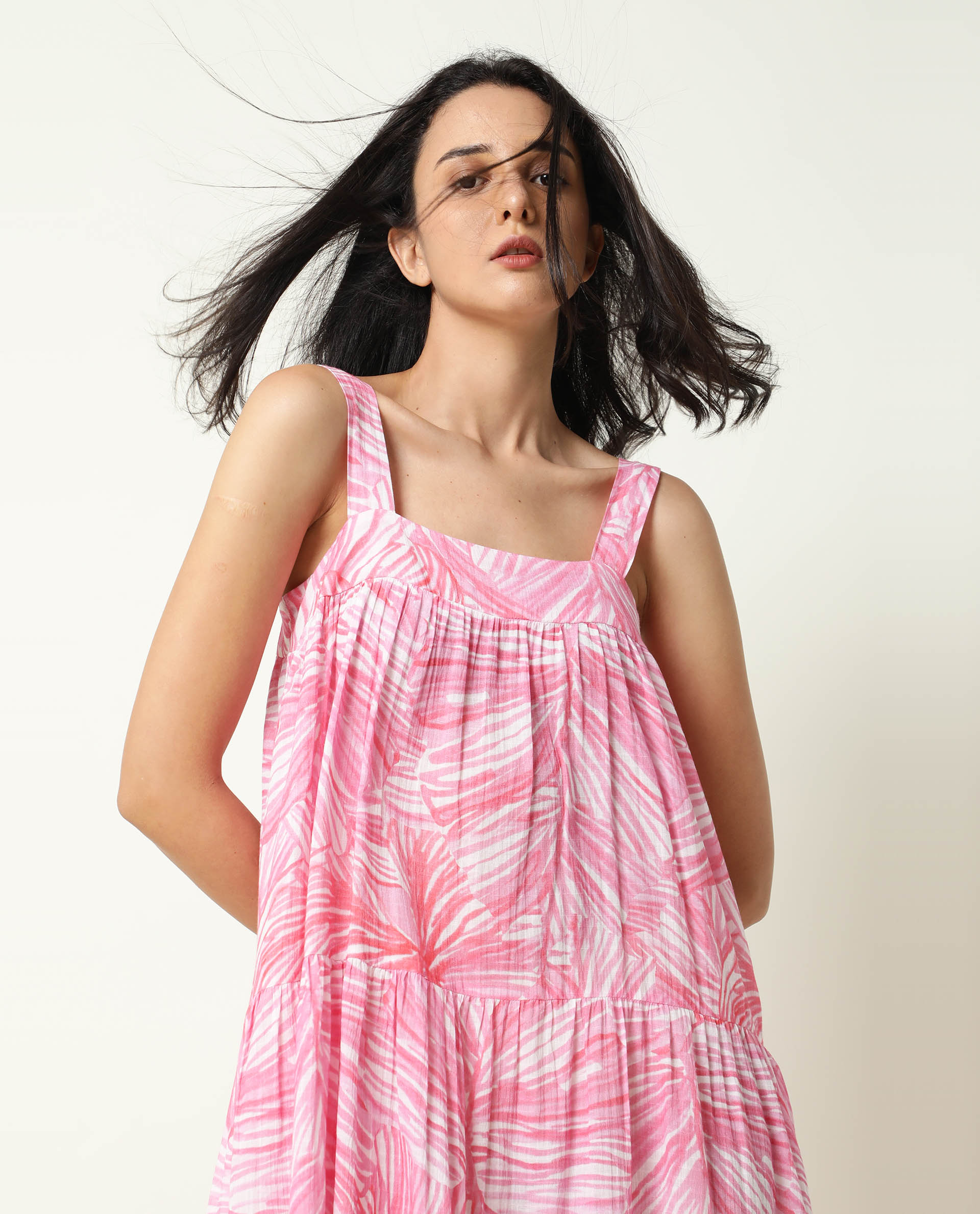 Rareism Women's Toddle Pink Polyester Blend Square Neck Floral Print Shoulder Strap Maxi Flared Dress