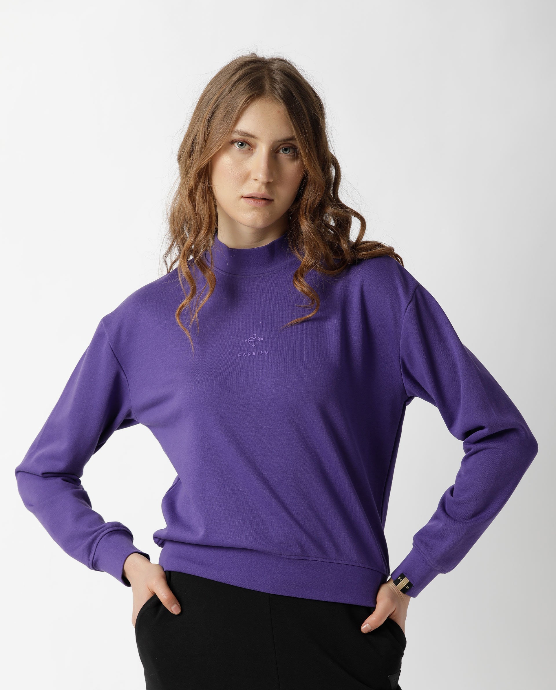Rareism Women Necker Purple Relaxed Fit Full Sleeves Solid High Neck Sweatshirt