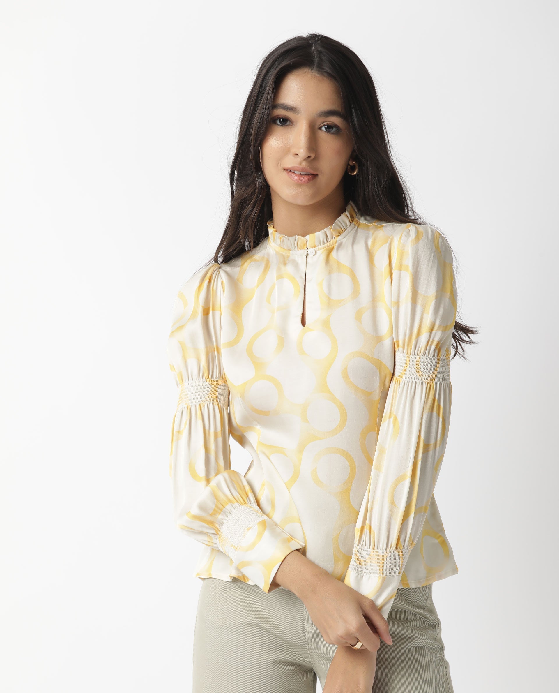 Rareism Women's Emm Offwhite Modal Blend Sweetheart Neck Printed Ruffled Sleeve Slim Fit Top