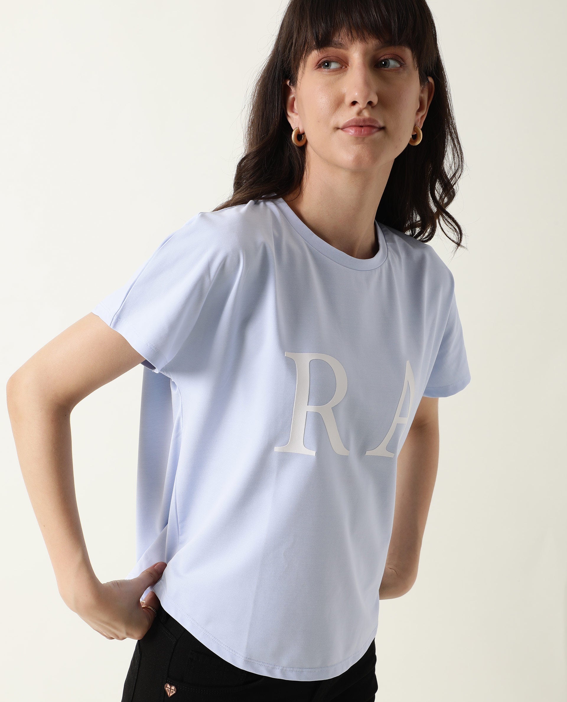 Rareism Women's Hush Blue Polyester Blend Crew Neck Graphic Print Regular Fit T-Shirt