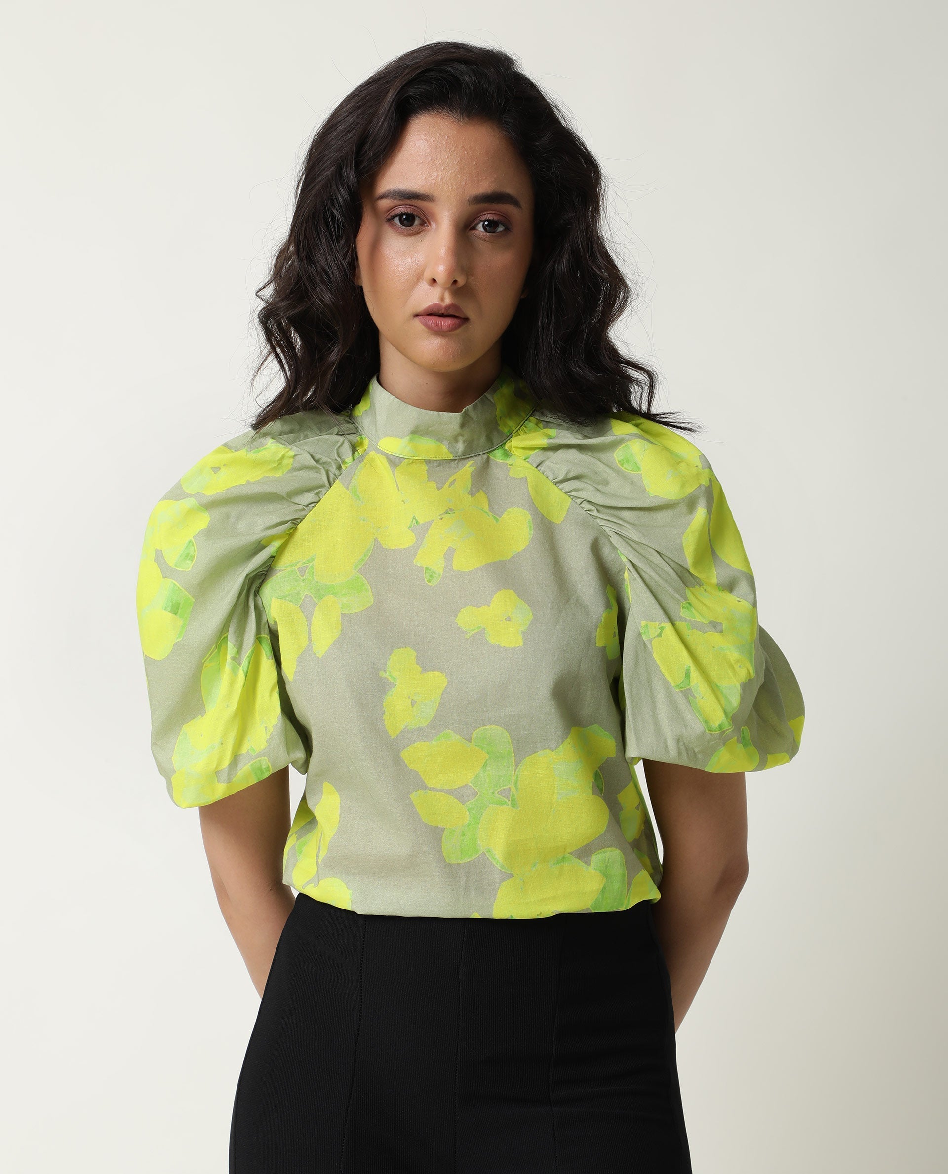 Rareism Women's Lagger Green Cotton High Neck Abstract Print Regular Fit Top
