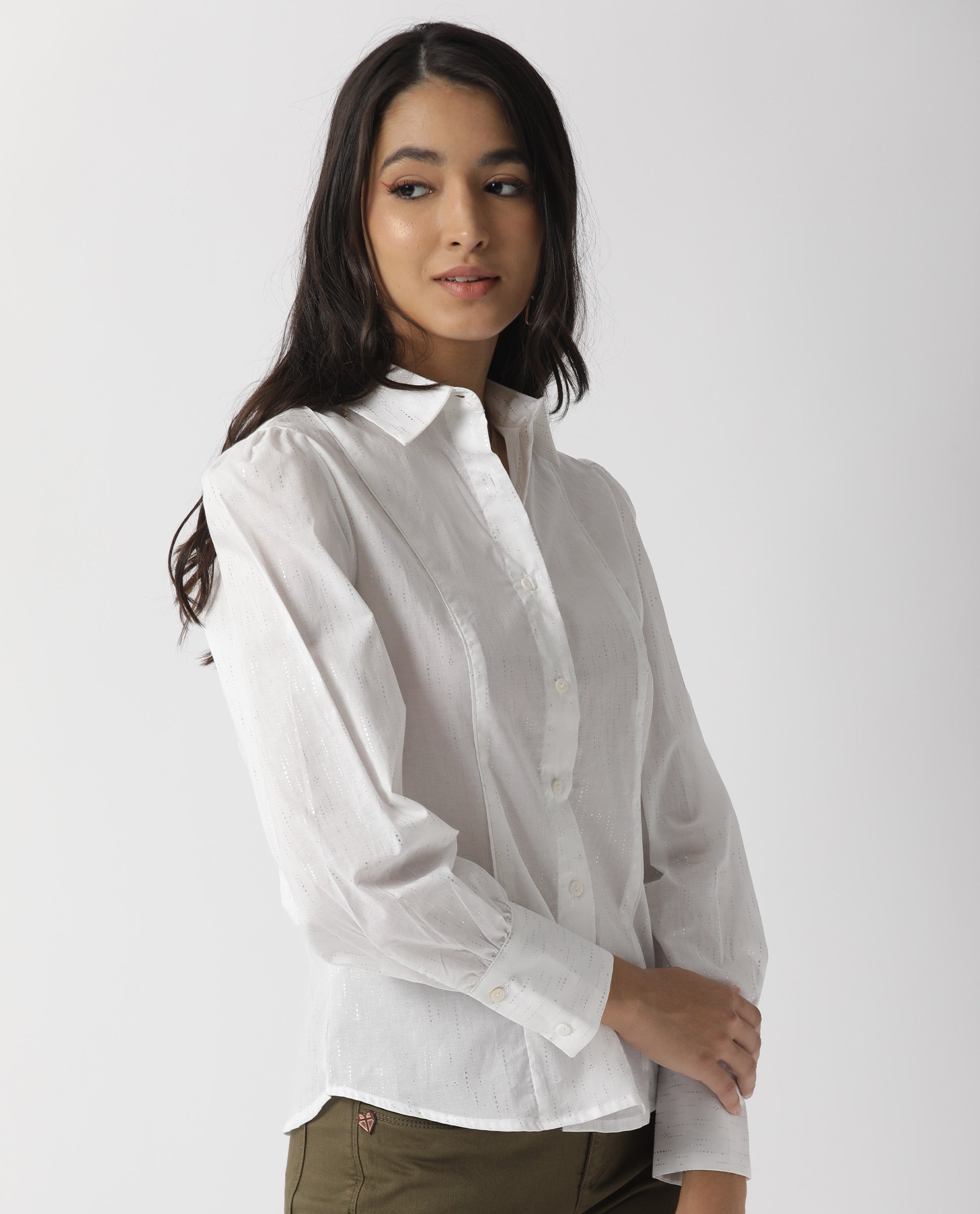 Rareism Women Camelo White Cotton Fabric Regular Fit Shirt Collar Full Sleeves Solid Top