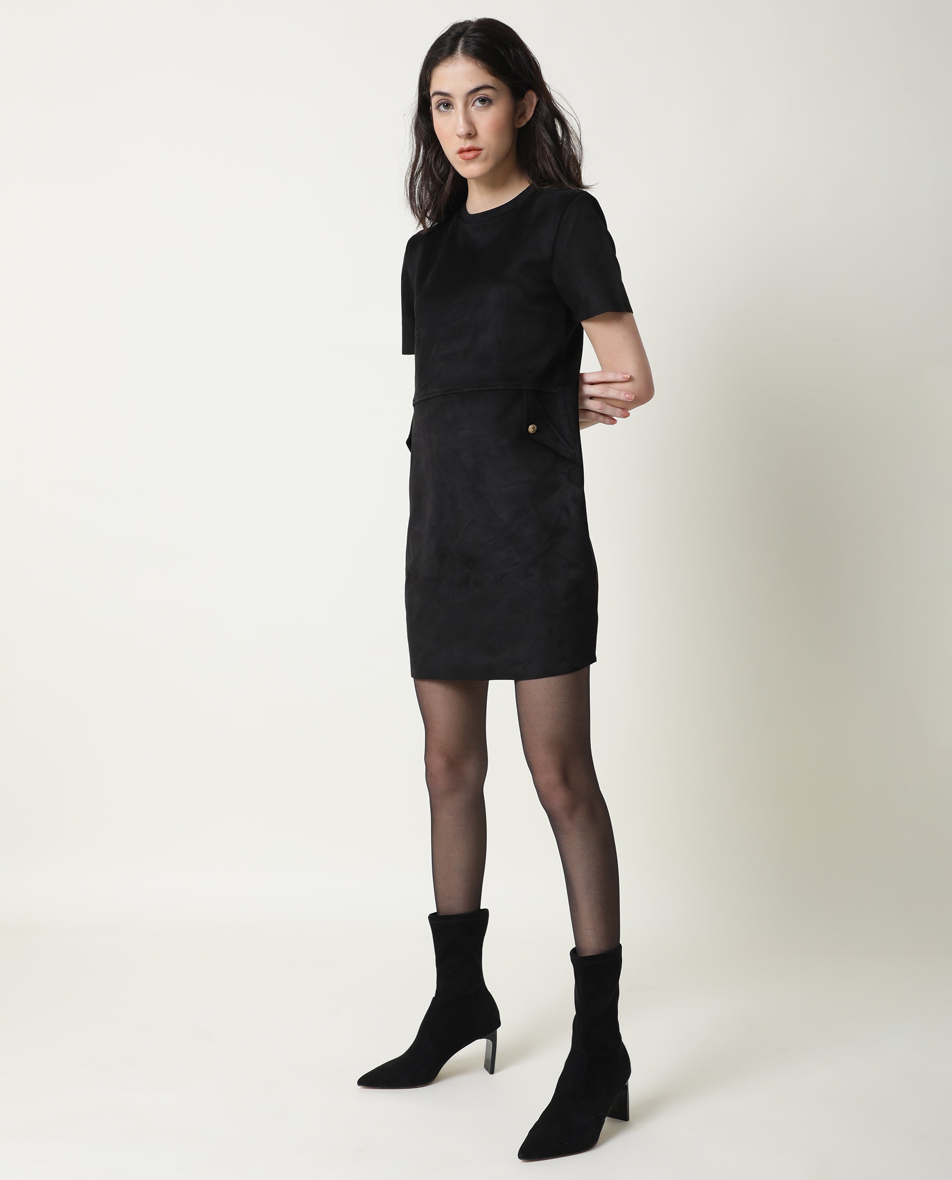 Rareism Women's Sions Black Crew Neck Plain Knee Length Tailored Dress
