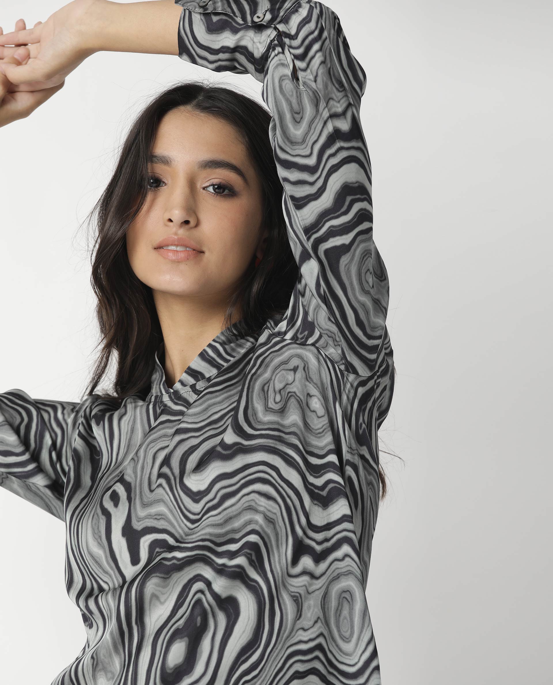 Rareism Womens Camp Black Top Modal Satin Fabric Regular Fit Cuffed Sleeve Mandarin Neck