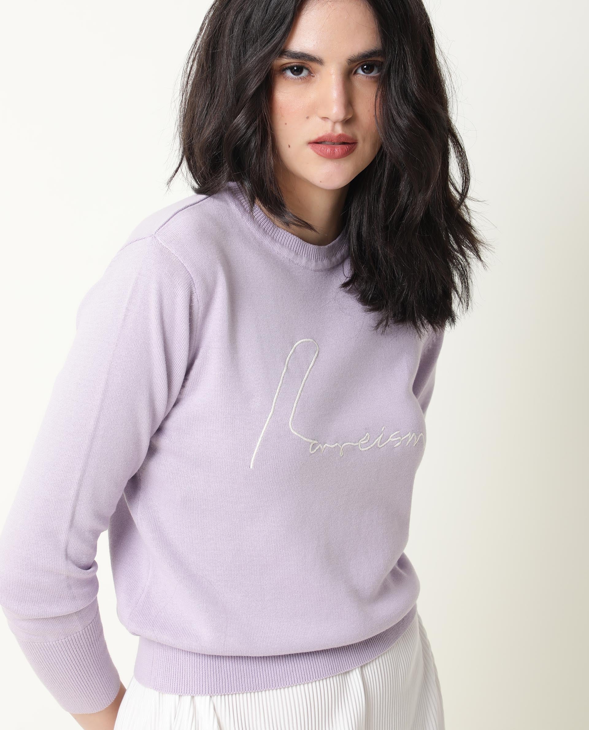 Rareism Women Plusho Light Purple Cotton Fabric Full Sleeves Regular Fit Embroidered Round Neck Sweater