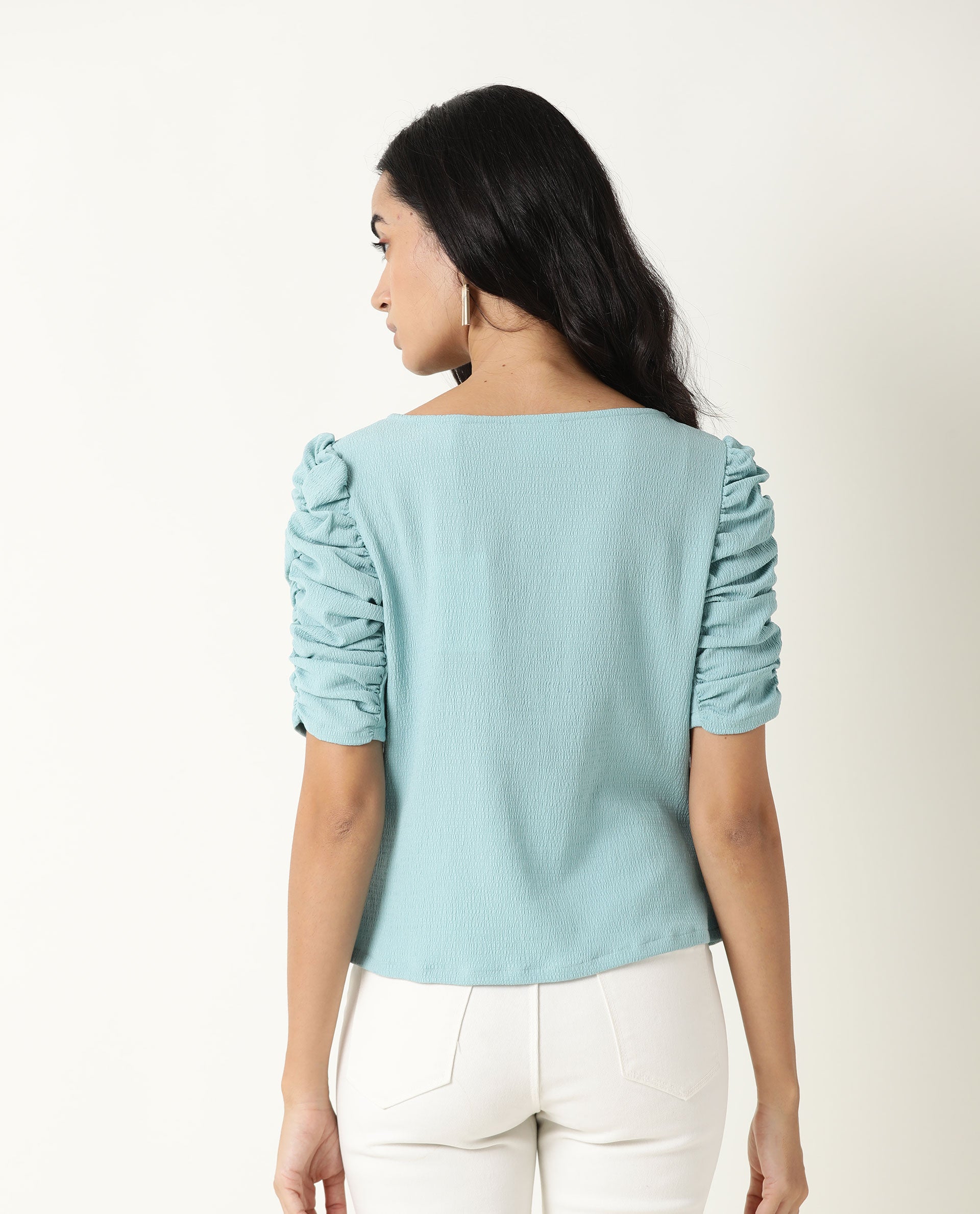 Rareism Women's Frozen Green Cotton Boat Neck Plain Ruffled Sleeve Regular Fit Top